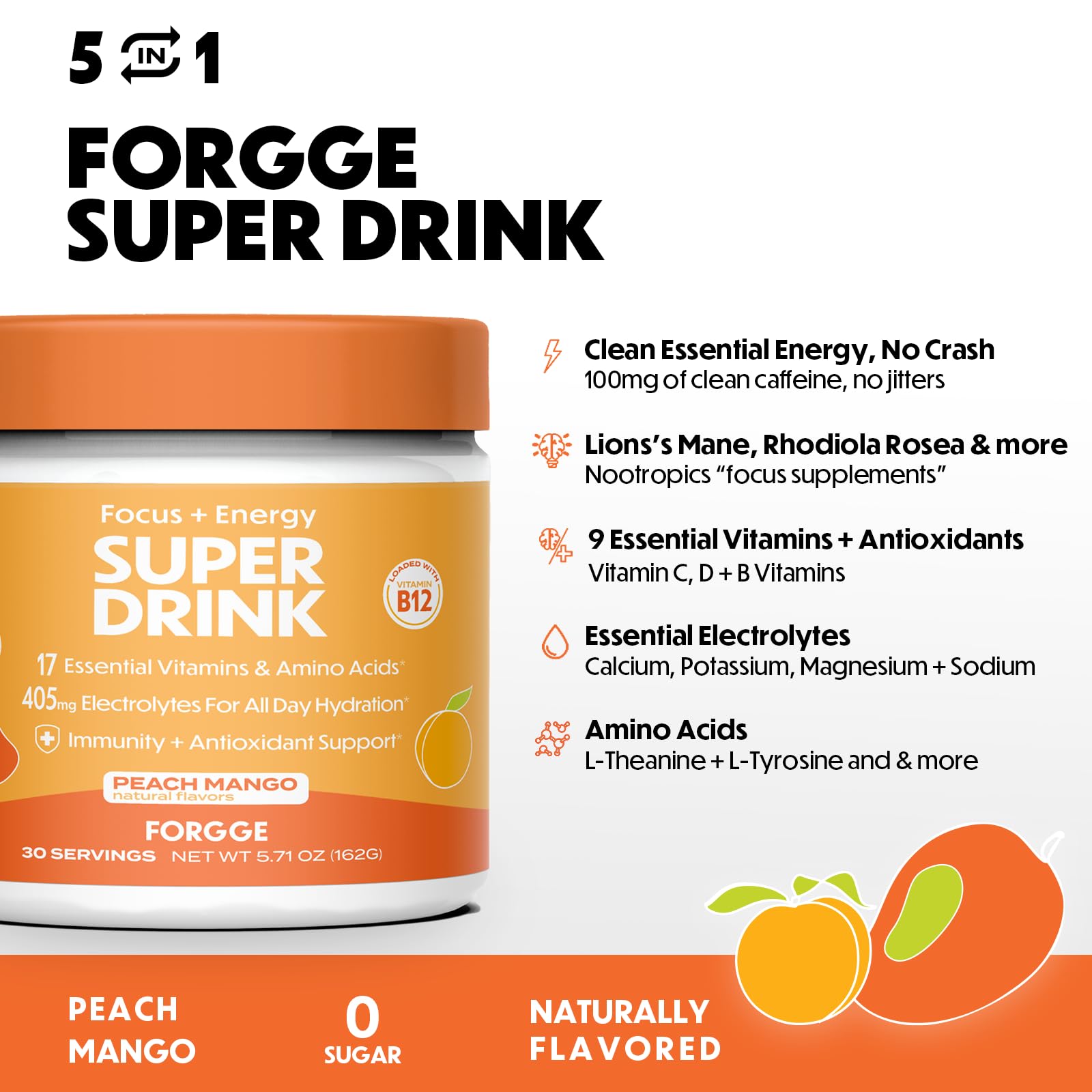 Forgge Energy Booster Super Drink - Clean Caffeine + B12, B6, C & D Vitamins - Sugar Free Energy Drink Powder with Electrolytes, Amino Acids, Antioxidants, Lions Mane - Vegan, Keto-Friendly - 30 SVG, Peach Mango — Amazon image 5