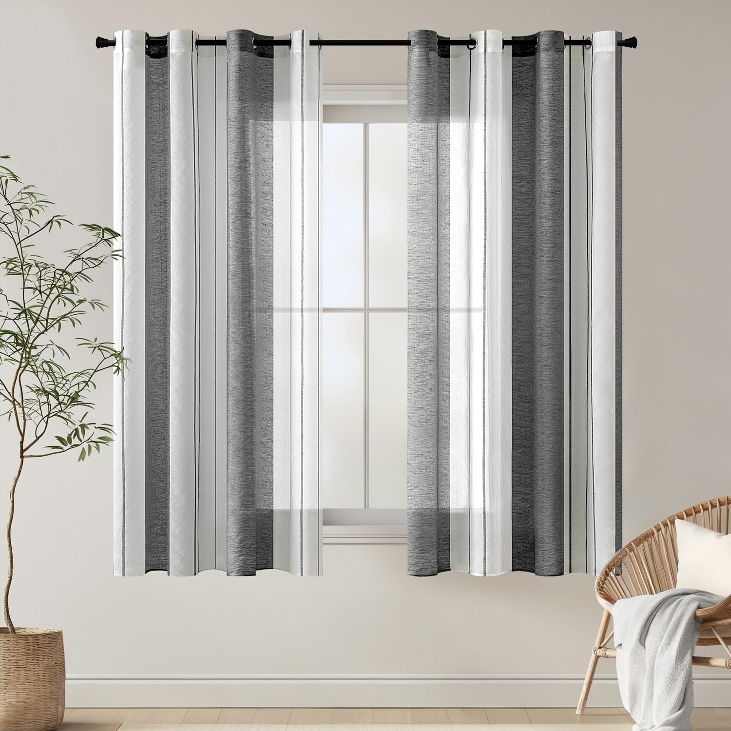 MIULEE Cortinas Salon Modernas con Rayas Blanco y Gris, Bonitas Cortinas Dormitorio Juvenil con Ojales, Translucidas Visillos Cortos para Ventanas Habitacion, Visillos Salón 2 Piezas, 2X A140xL160CM