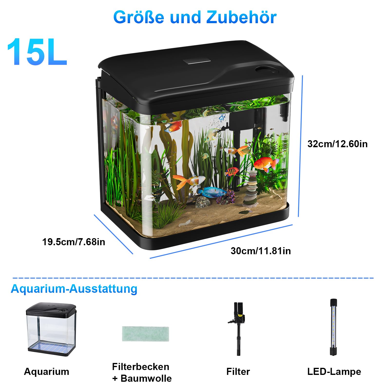 Aquarium Komplettset Nano 15L mit LED-Leuchten & Filtersystem Schwarz