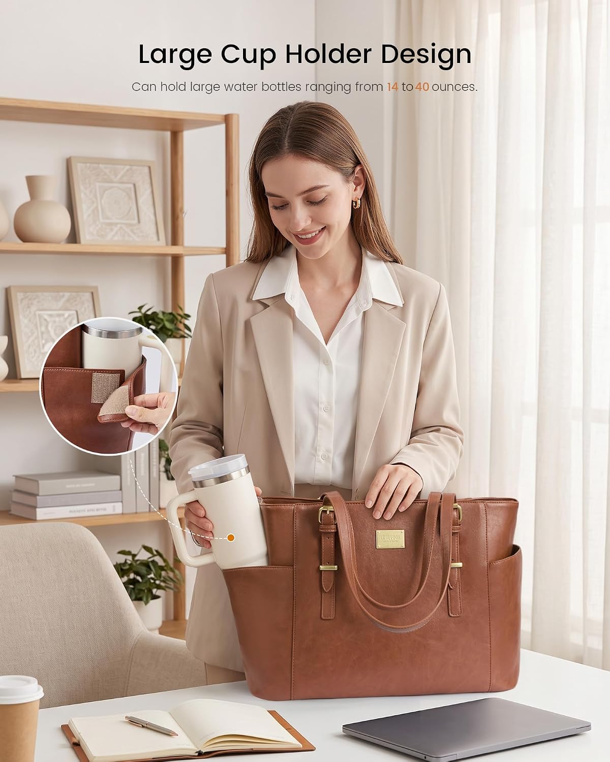 LOVEVOOK Laptop Tote Bag for Women, Vintage Leather 15.6 Inch Work Tote with Large Water Bottle Pocket, Teacher Nurse Professional Computer Bag, Office Briefcase Handbag Gift, Brown