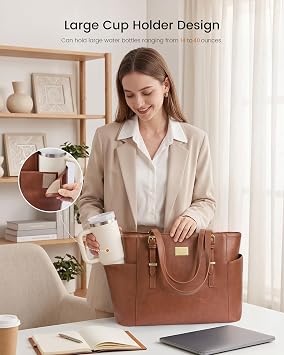 LOVEVOOK Laptop Tote Bag for Women, Vintage Leather 15.6 Inch Work Tote with Large Water Bottle Pocket, Teacher Nurse Professional Computer Bag, Office Briefcase Handbag Gift, Brown
