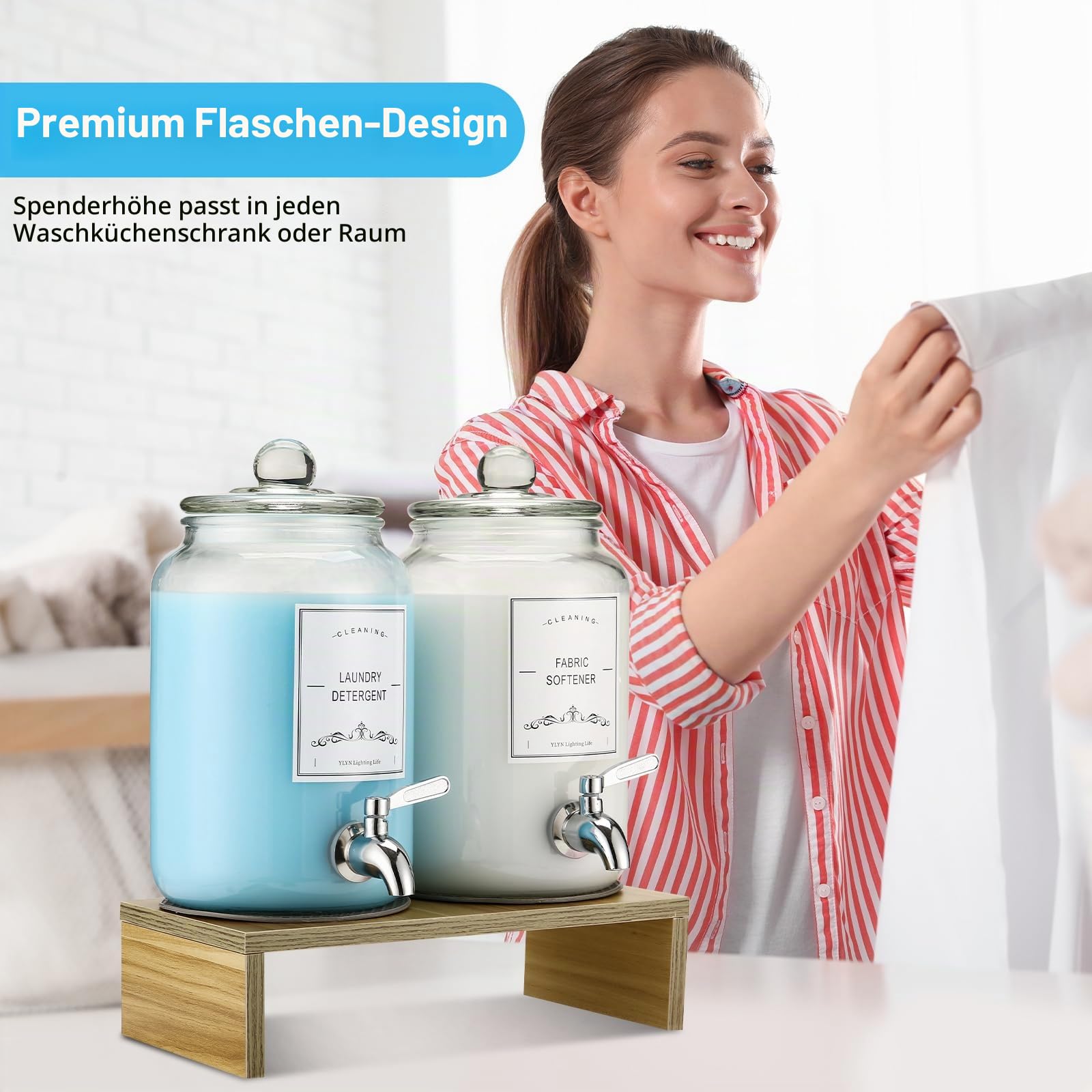 2er-Pack Glas-Waschmittelspender mit Ständer, 3005.0 g auslaufsicherer Glas-Stoffweichspüler-Spender, Wäscheseifenspender, wiederverwendbarer Behälter für Küche und Badezimmer