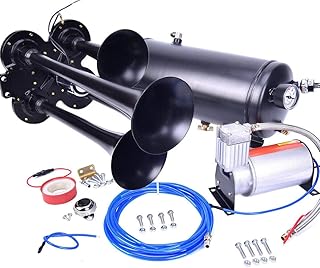 150DB, 4 Trumpet Loud Train Horns Kit for 150 PSI 12V Air Compressor 1.59 Gallon for Trucks, Cars, Van Boats Super Loud Air Horn(6L, Black)