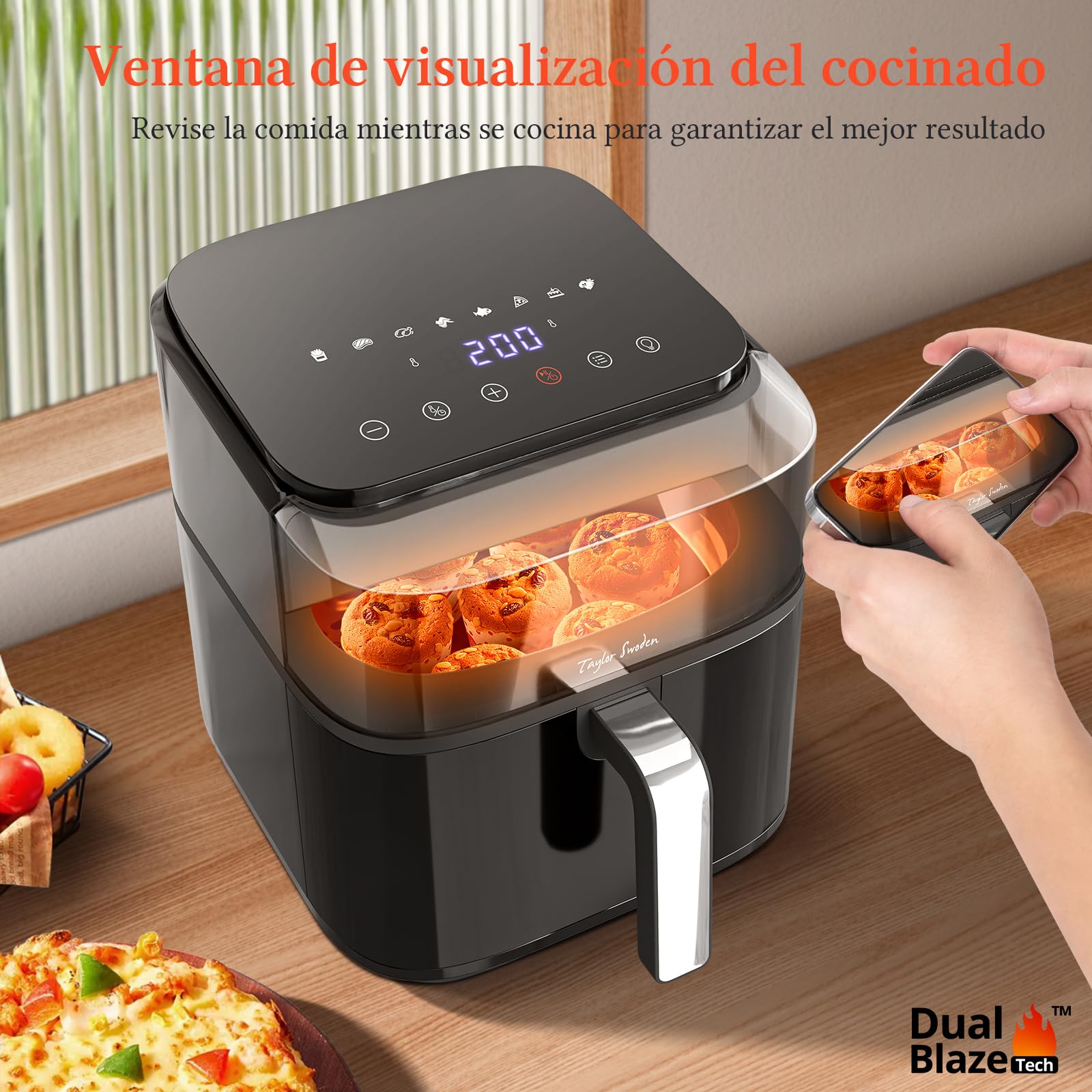 Taylor Swoden Air Fryer 6.5L 1800W Freidora de Aire con Doble Resistencia, Ventana de Visualización, 8 Programas, Panel Táctil Digital, Interior Metálico, 14 Recetas Físicas, Capacidad para 8 Personas
