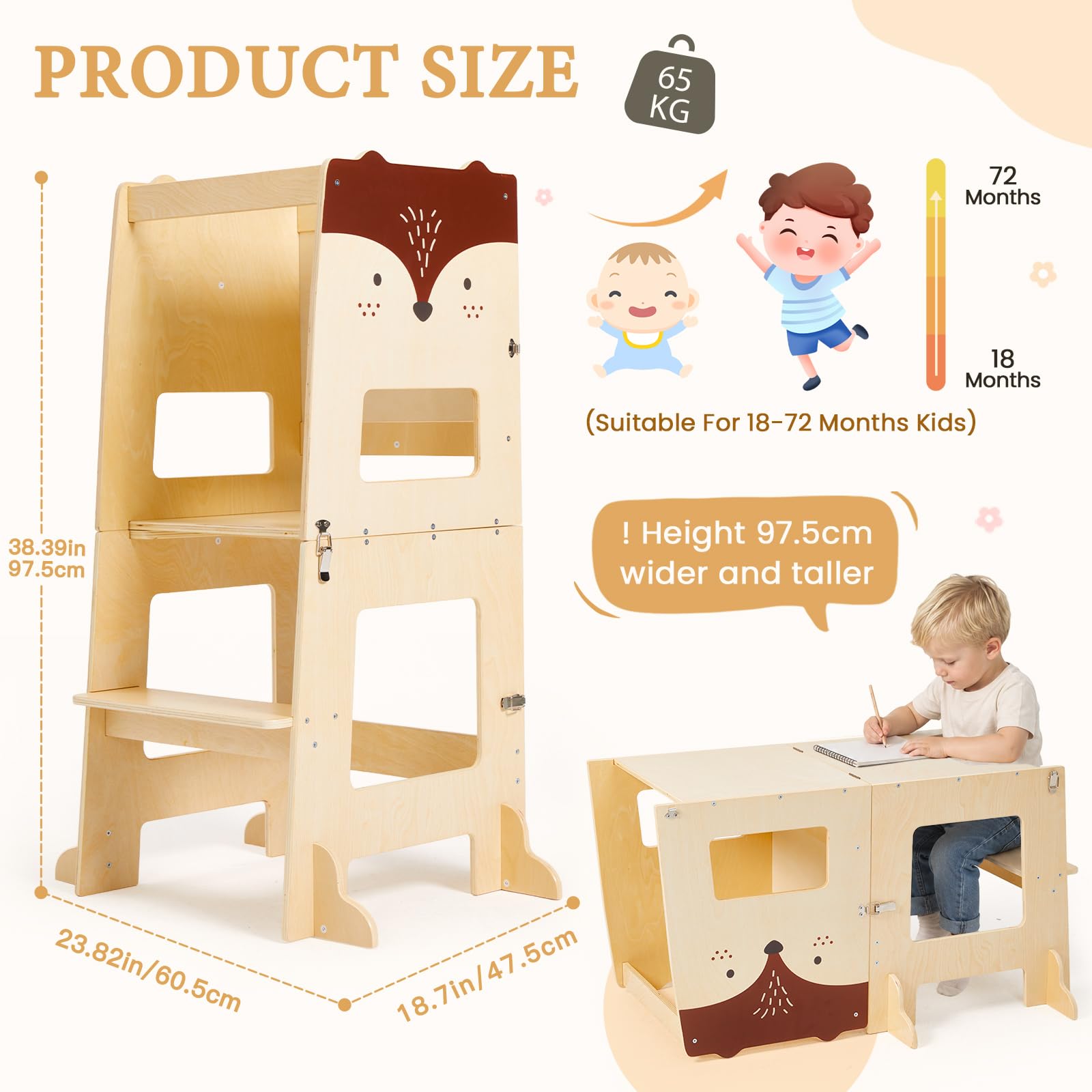 labebe Lernturm ab 1 Jahr， klappbar Montessori Learning Tower | 3 in 1 Montessori Lernturm Kinder mit Message Boards ab 1 Jahr aus Holzwerkstoff