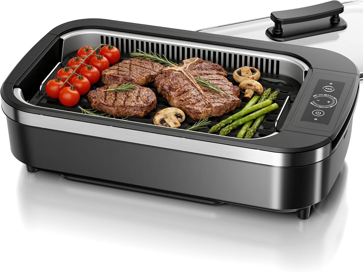 Kismile Parrilla interior sin humo, 1500 W, antiadherente, tapa de vidrio, control de temperatura | Parrilla para barbacoa con apagado automático y apta para lavavajillas