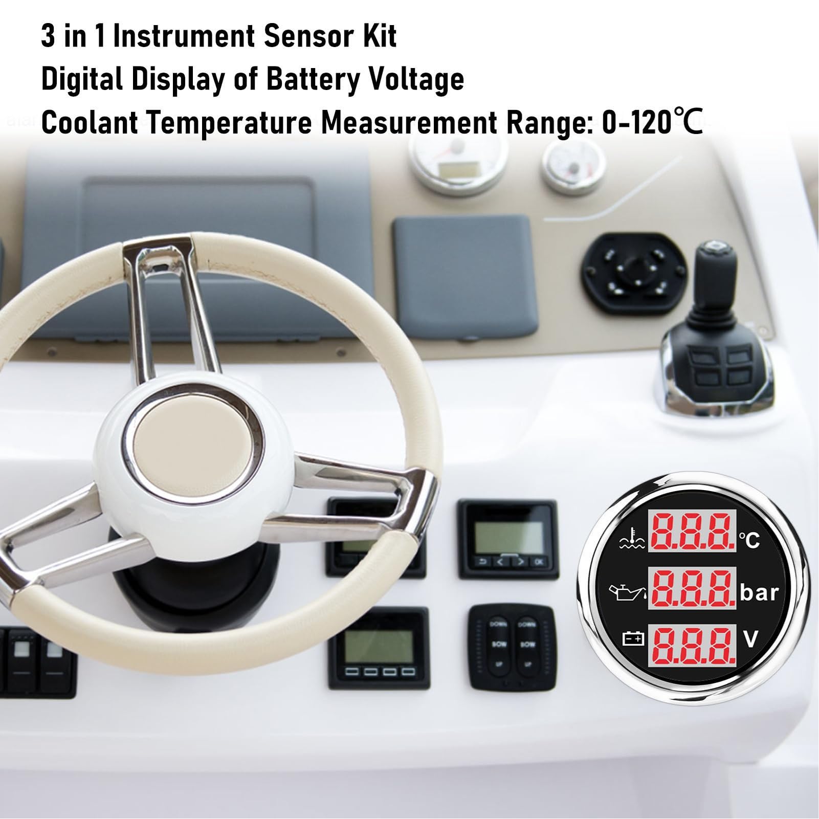 Akozon Kit Sensore Motore per Barca da 3 Pollici Display Digitale da 52 Mm Misuratore di Temperatura del Liquido di Raffreddamento (0-120 ℃) ​​e Pressione dell'olio con Voltmetro Batteria, Cornice