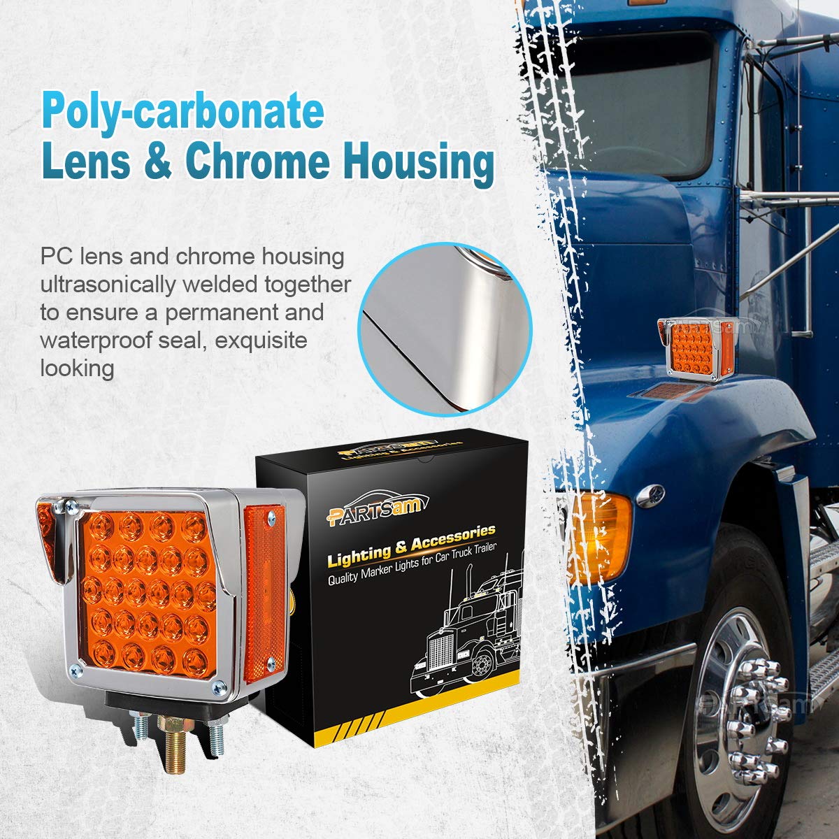 Partsam 2Pcs Double Face Trailer Pedestal Turn Signal Parking Lights with Chrome Visors, Amber/Amber Dual Face Square 52 LED Fender Stud Mount Light for Trucks Trailers, Dual Studs
