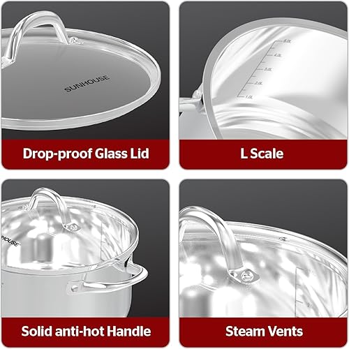 Miniatura 7 de SUNHOUSE Olla de acero inoxidable  Olla de cocina de inducción resistente de 11 cuartos de galón con tapa visible para pasta, sopa, espagueti, olla