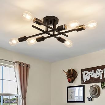 ZGLAOJT 6-Lights Semi Flush Mount Ceiling Light Fixture,Black Industrial Chandelier,Farmhouse Lighting for Dining Room Living Room Kitchen Bedroom