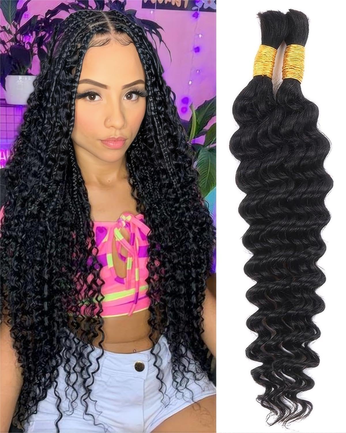 Sexycat Deep Curly Human Braiding Hair for Boho Braids 2 Bundles 22 Inch 100g,#1B Natural Black Water Wave Bulk Human Hair for Micro Braiding Wet and Wavy Human Hair Extensions