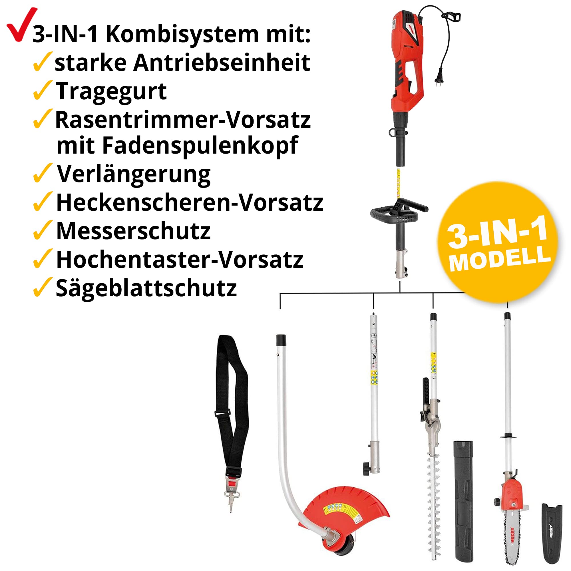 HECHT 3in1 Multitool 900 W – Rasentrimmer, Hochentaster & Heckenschere | Elektro Gartenwerkzeug Set mit Verlängerung – Heckenschere, Hochentaster und Rasentrimmer für Garten & Hecken