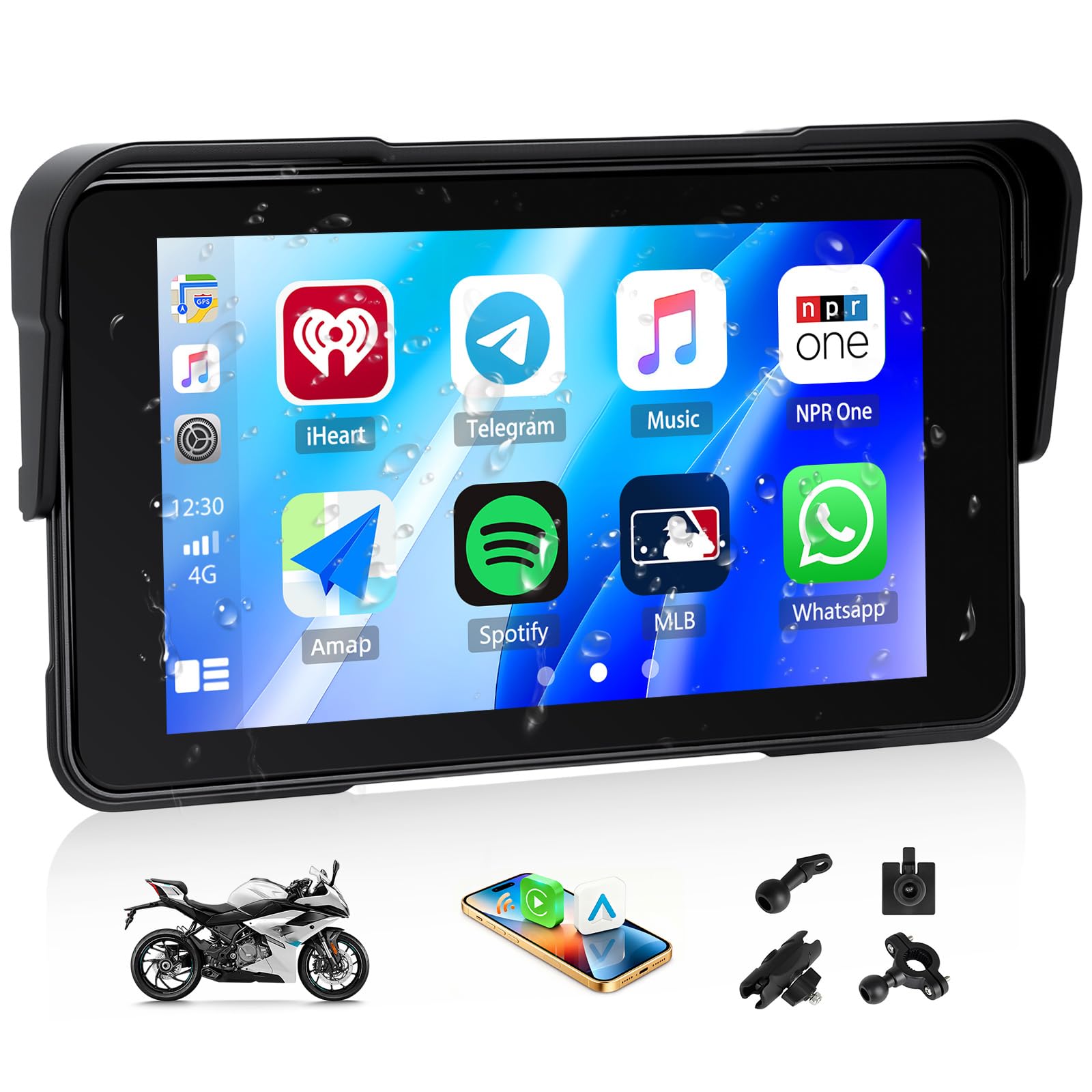 SIXWIN Motorrad Carplay Bildschirm für Moto mit Wireless Carplay Android Auto, 5 Zoll HD Touchscreen Tragbare Autoradio IP68 Wasserdicht Motorcycle GPS-Navigation Dual-Bluetooth Siri/GOO-gle