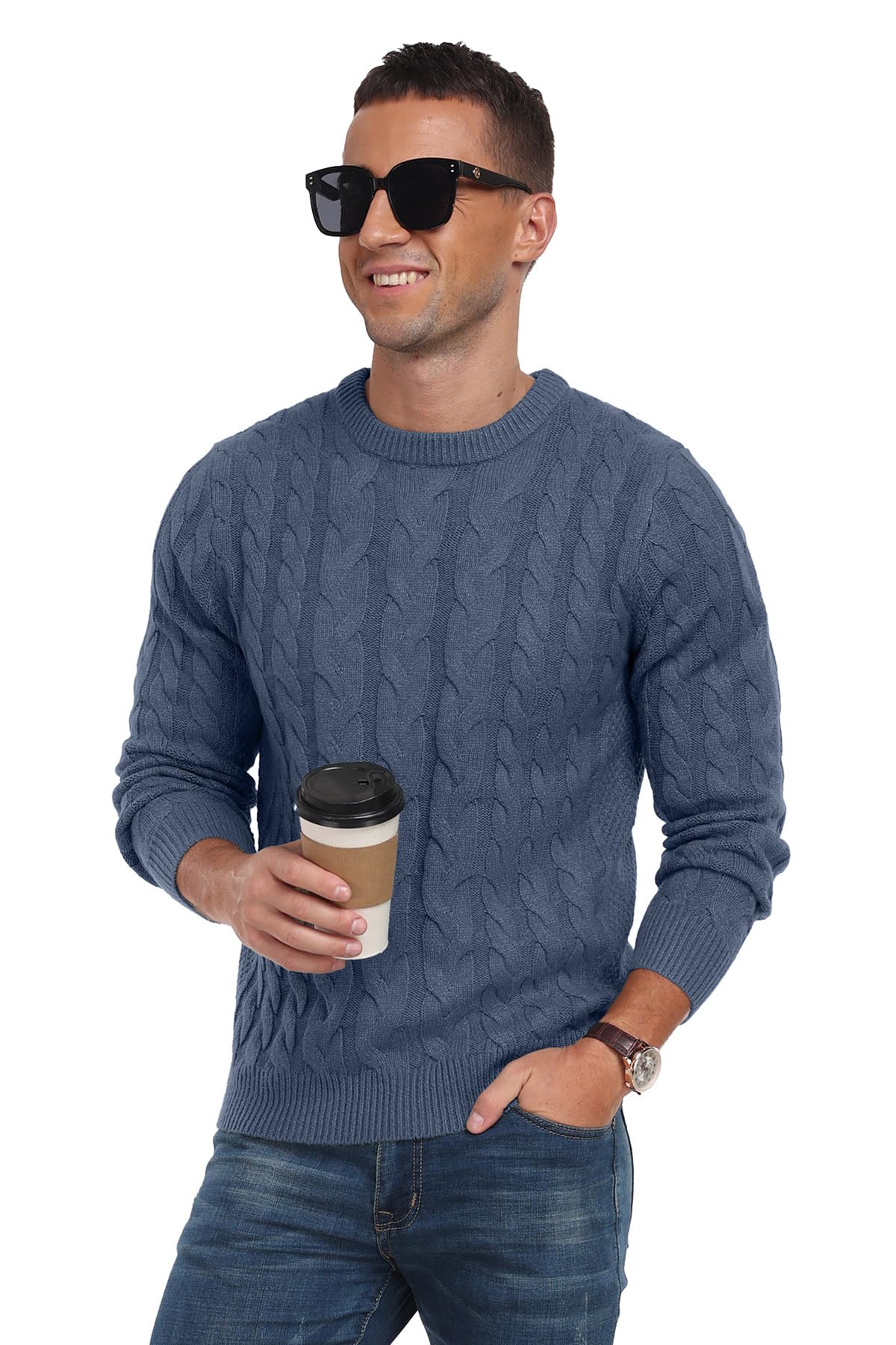 QIXING Men's Cable Knit Jumper Crew Neck Casual Long Sleeve Chunky Knit Sweater with Ribbing Edge