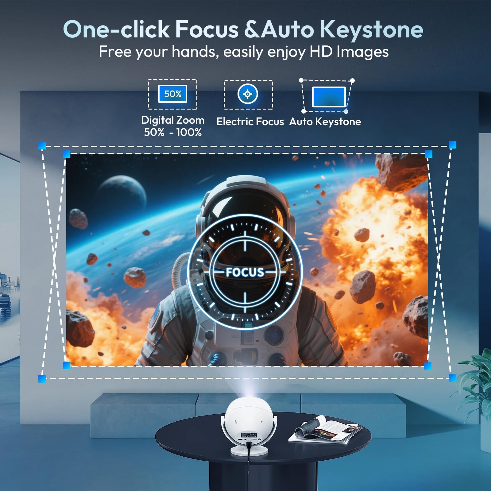 [App integrata e messa a fuoco automatica] Proiettore intelligente, mini proiettore portatile con supporto 4K con rotazione a 360°, 12000 lumen, WiFi e Bluetooth, display LCD, proiettore a soffitto