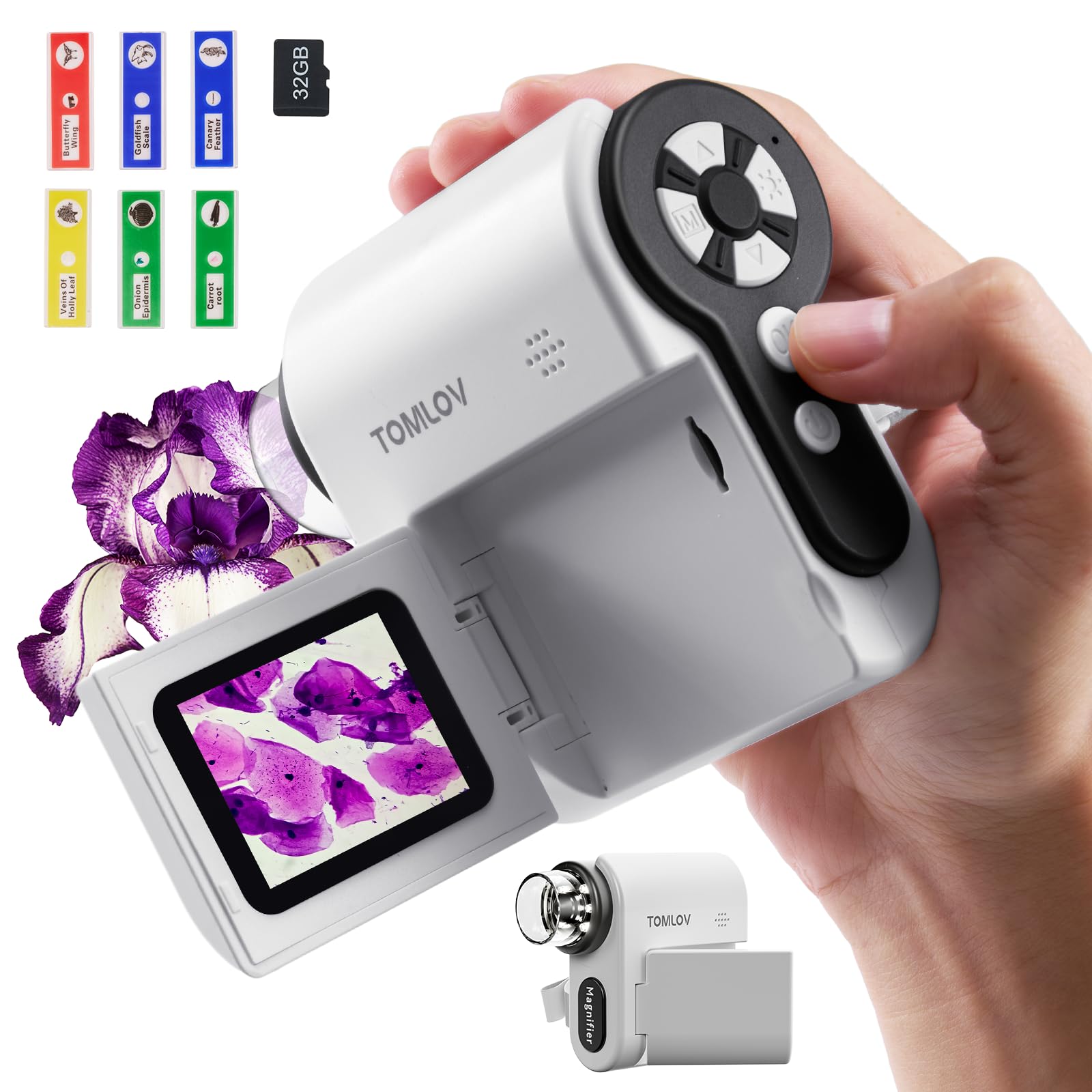 TOMLOV P20 Handheld Digital Mikroskop für Kinder, Mehrere Taschenmikroskop, Tragbare 1080P DV-Kamera mit klappbarem 2-Zoll-LCD-Bildschirm, Kompatibel mit MacOS & Windows, 6 Pcs Objektträger, 32GB