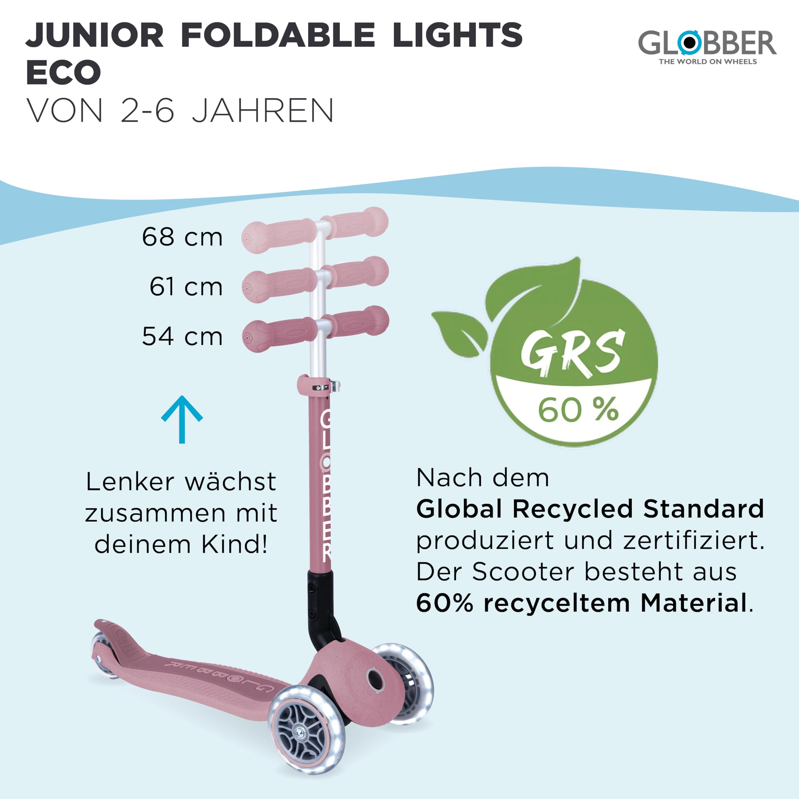 GLOBBER JUNIOR Foldable Lights ECO - Tretroller, 120/80 mm, ABEC 9, 3-rädrig, LED-Leuchtrollen