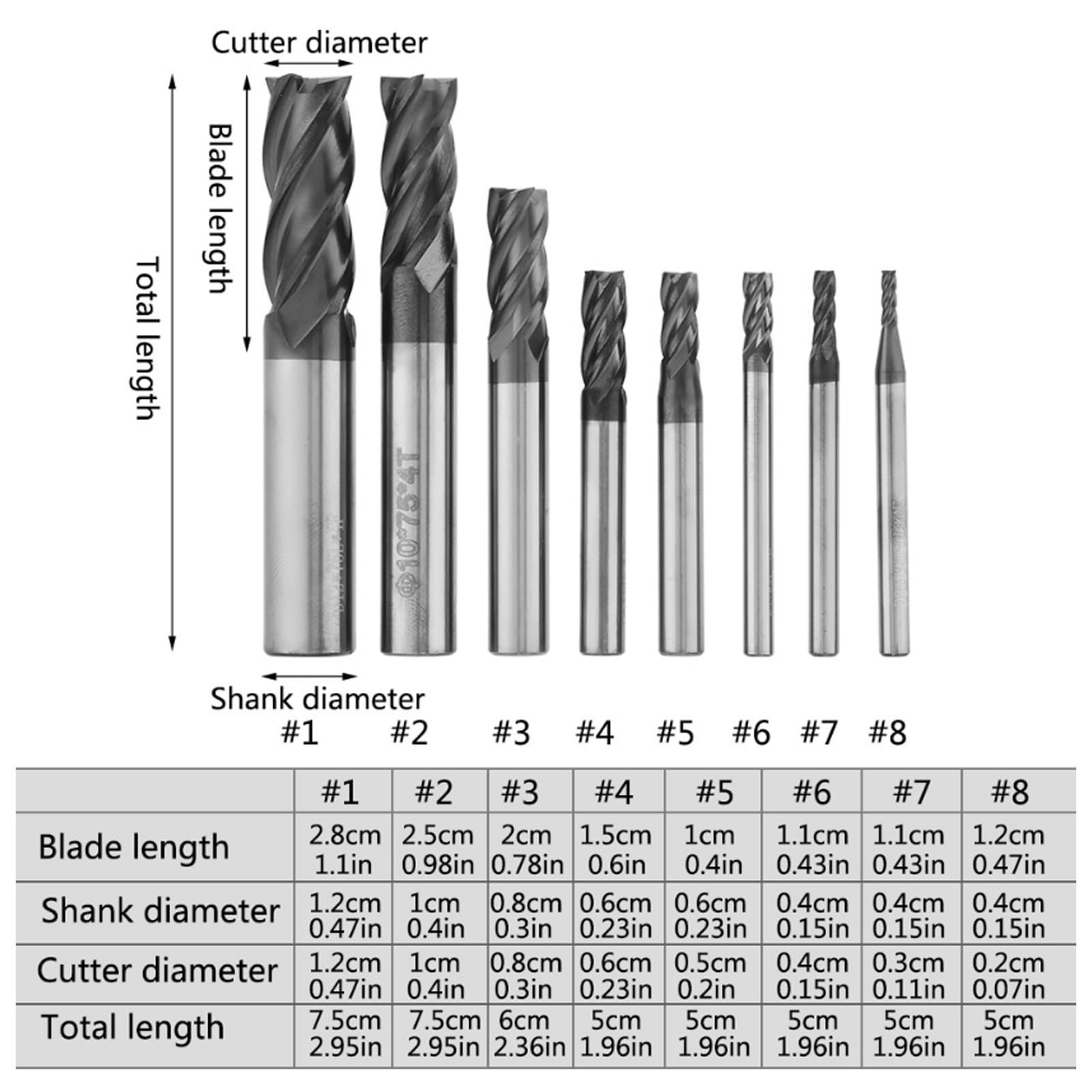 Conjunto de molinos de extremo de 8pcs, cortador de fresado de 2-12 mm, carburo CNC CNC Cutter Talader Bits Tungsten Steel End Mills Hool para su uso