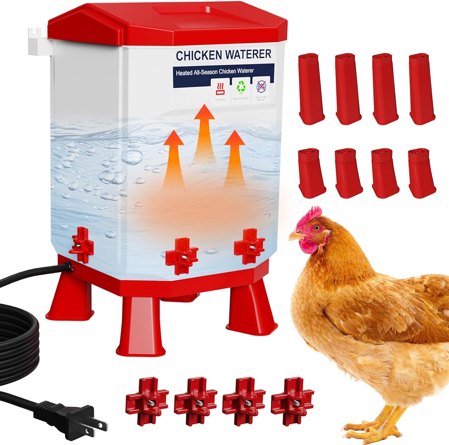 Heated Chicken Waterer, 3 Gallon Thermostatic Poultry Drinker with 4 Nipples, Outdoor Winter Water Heater with Leg Base for Chickens, Ducks, Geese, Turkeys, Anti-Freeze Automatic Watering System Red 3 Gallon