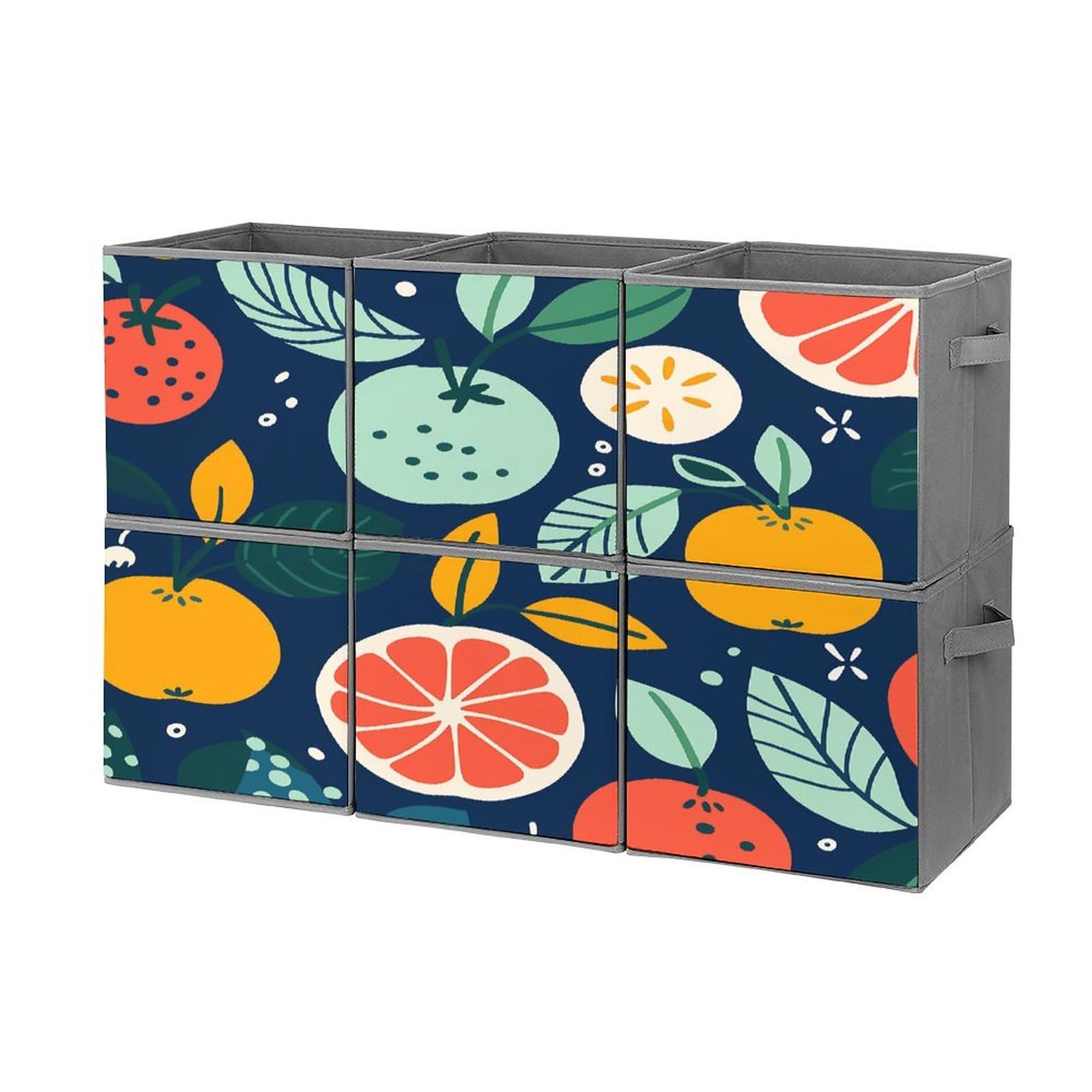 Btcowzrv Style Hand Drawn Fruits Storage Cubes, 6 Pack Oxford Fabric Foldable Collapsible Bins With Handles, Cubby Storage Baskets Boxes For Closet Shelves Office Organization