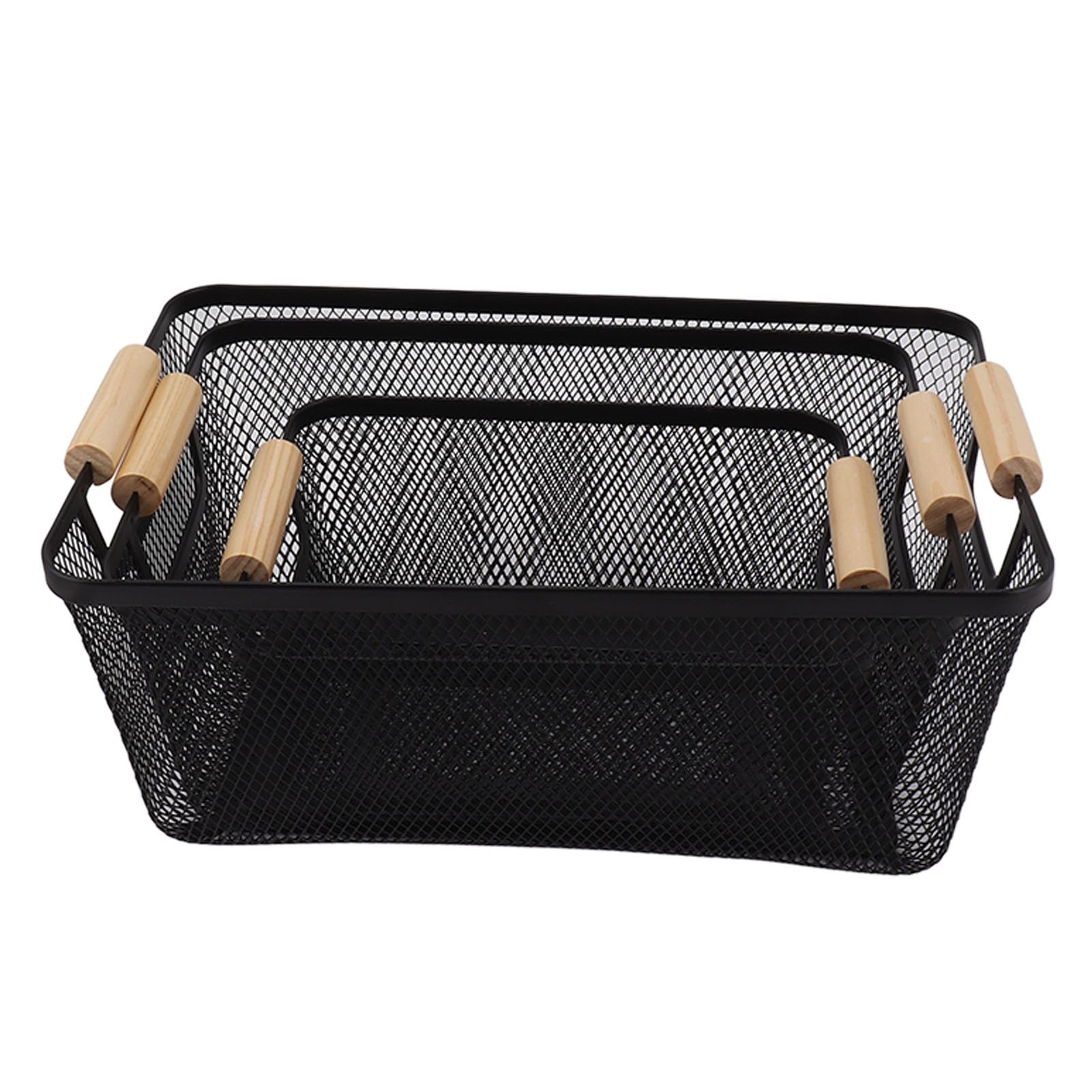Cesta de almacenamiento con mango de hierro, contenedores organizadores para el hogar, cesta de malla de alambre con asas de madera, para cocina, baño, oficina, (Negra)