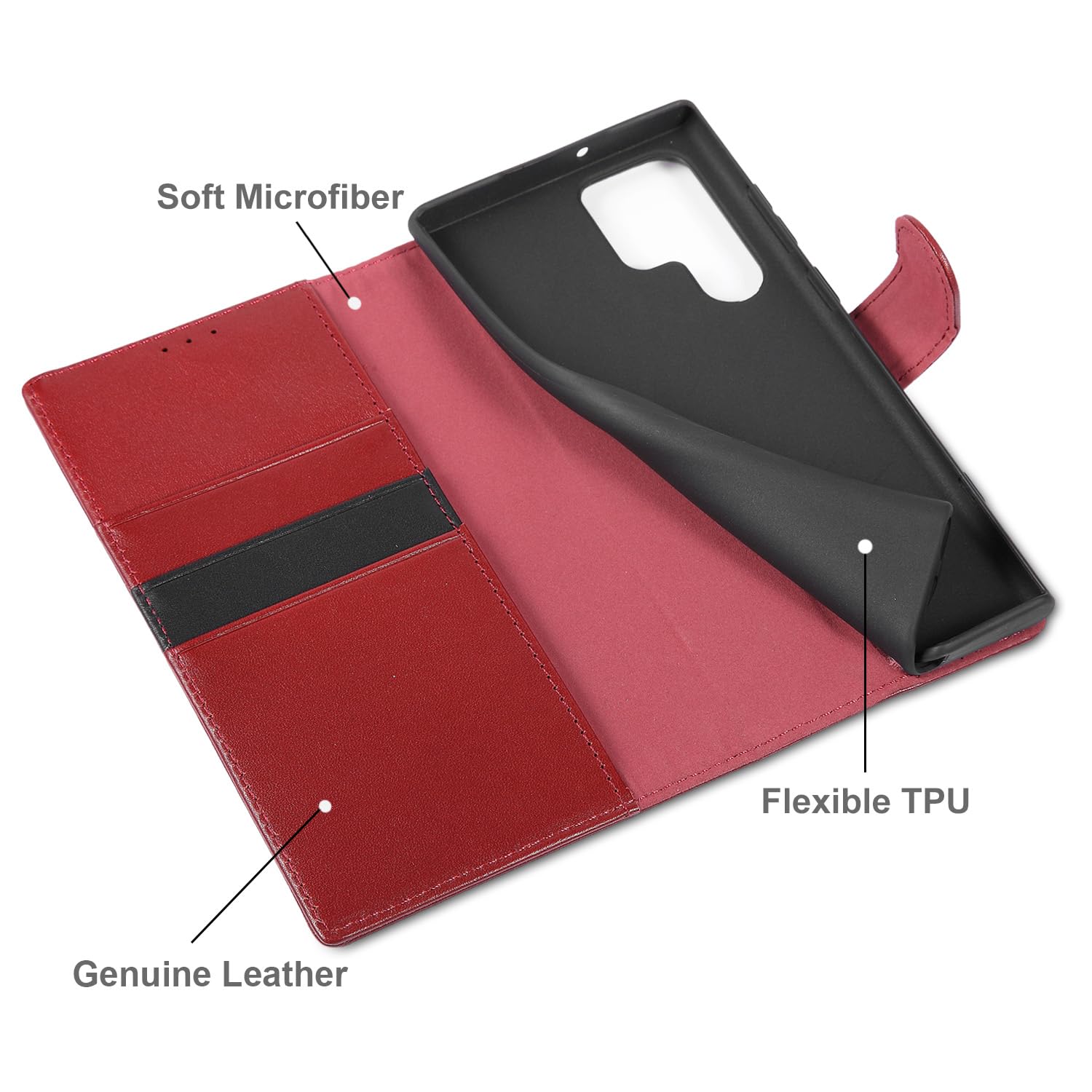LENSUN Funda Samsung Galaxy S22 Ultra 5G, Carcasa Cuero Genuino [Bloqueo RFID] Tapa Cierre Magnetico y Ranuras para Tarjetas Cartera Libro Protección para Samsung S22 Ultra 5G-Rojo Vino