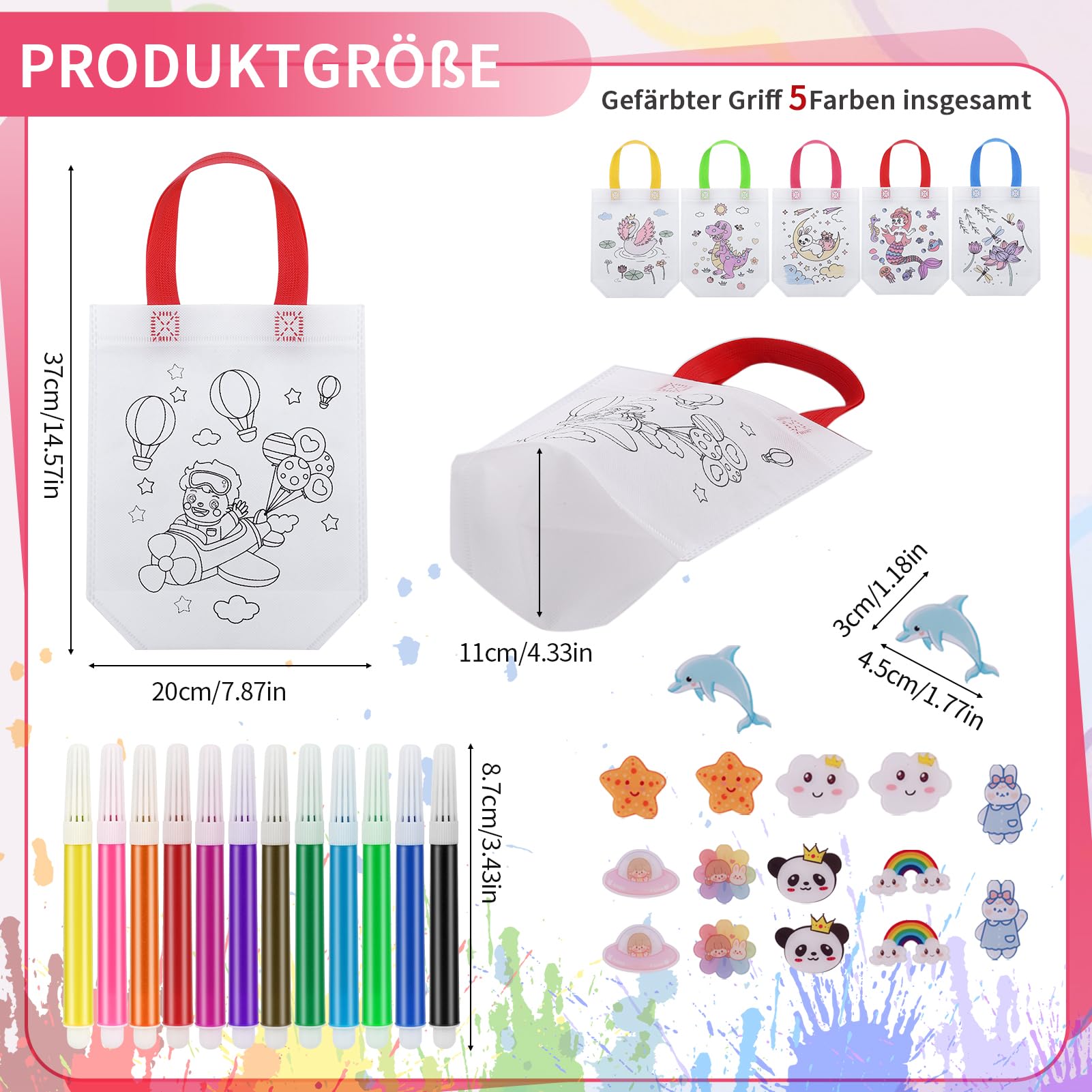 DIY Taschen-Bemalset Für Kinder - Mit Stofftasche, 18 Farben, Aufklebern & Bändern, Bastelset Für Geburtstage