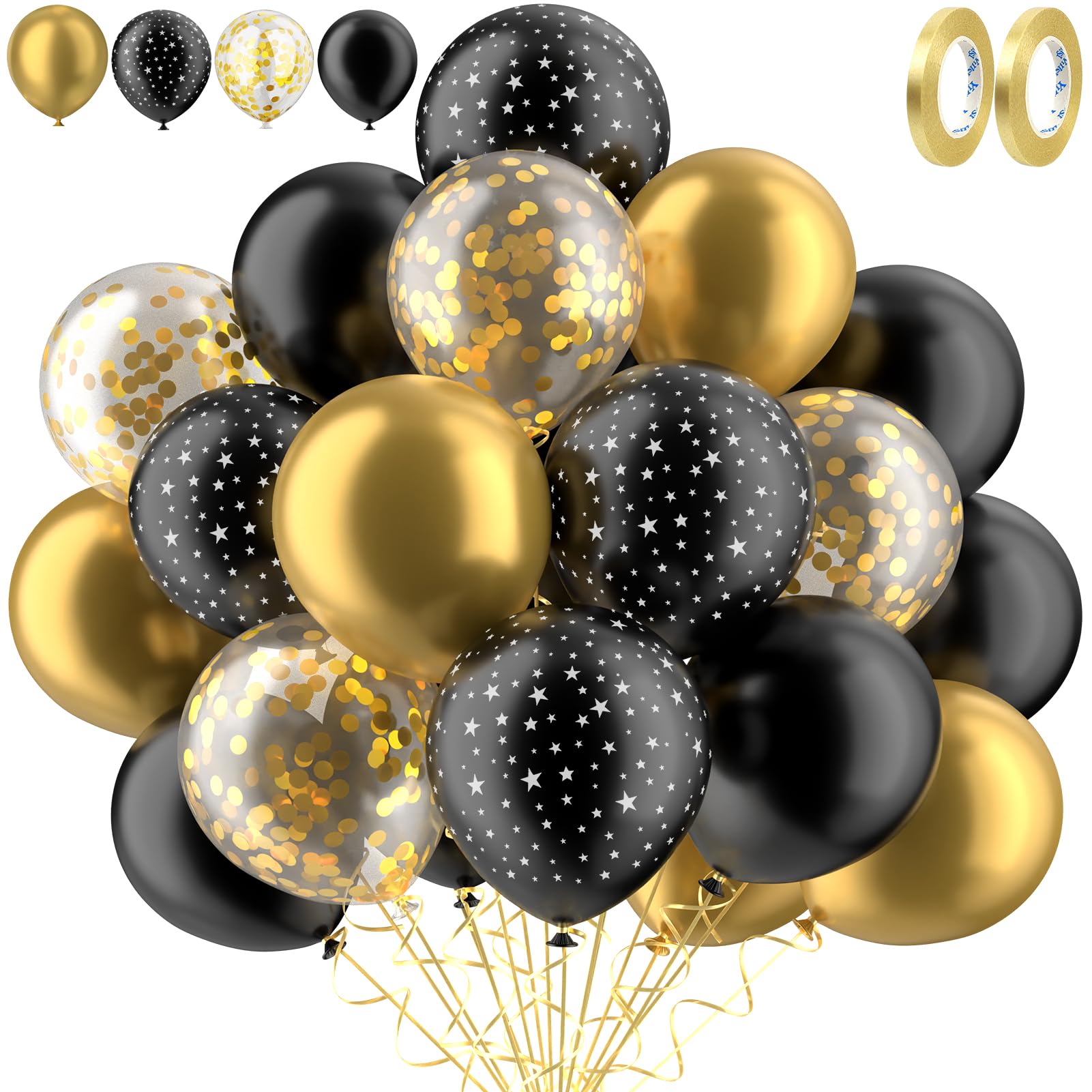 RISEMART Gold Schwarz Sterne deko mit Gold Konfetti deko hochzeit Set 60 Stück 30cm mit 2 Rollen Band als Baby Shower Geburtstag Jubiläum Party Deko Graduierung