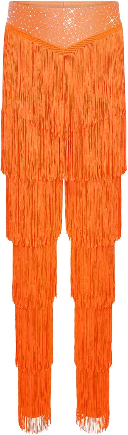Kids Girls Tiered Tassel Latin Dance Pants Professional Ballroom Dance Fringe Practice Pants