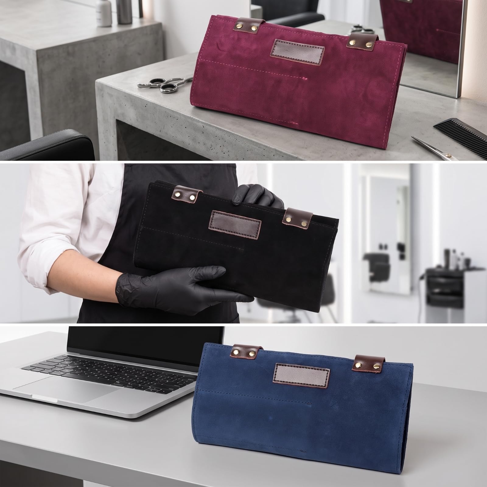 Borsa da Parrucchiere Leggero | Pelle di cuoio Smerigliata, Borsello da Parrucchiere, Resistente, Custodia con Bottoni a Pressione, per Salone, Barberia,