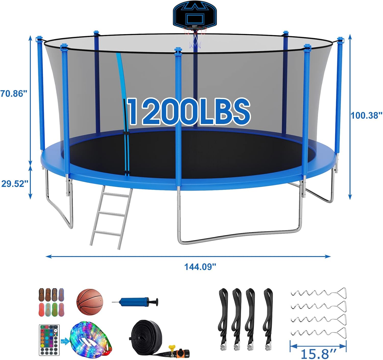 SKYUP Tranpoline 1500LBS 16 15 14 12 10 8 FT Tranpoline for 7-10 Kids and Adults, Windproof Outdoor Tranpoline with Enclosure Net, Basketball Hoop, Easy to Install & Last Long - ASTM Approved