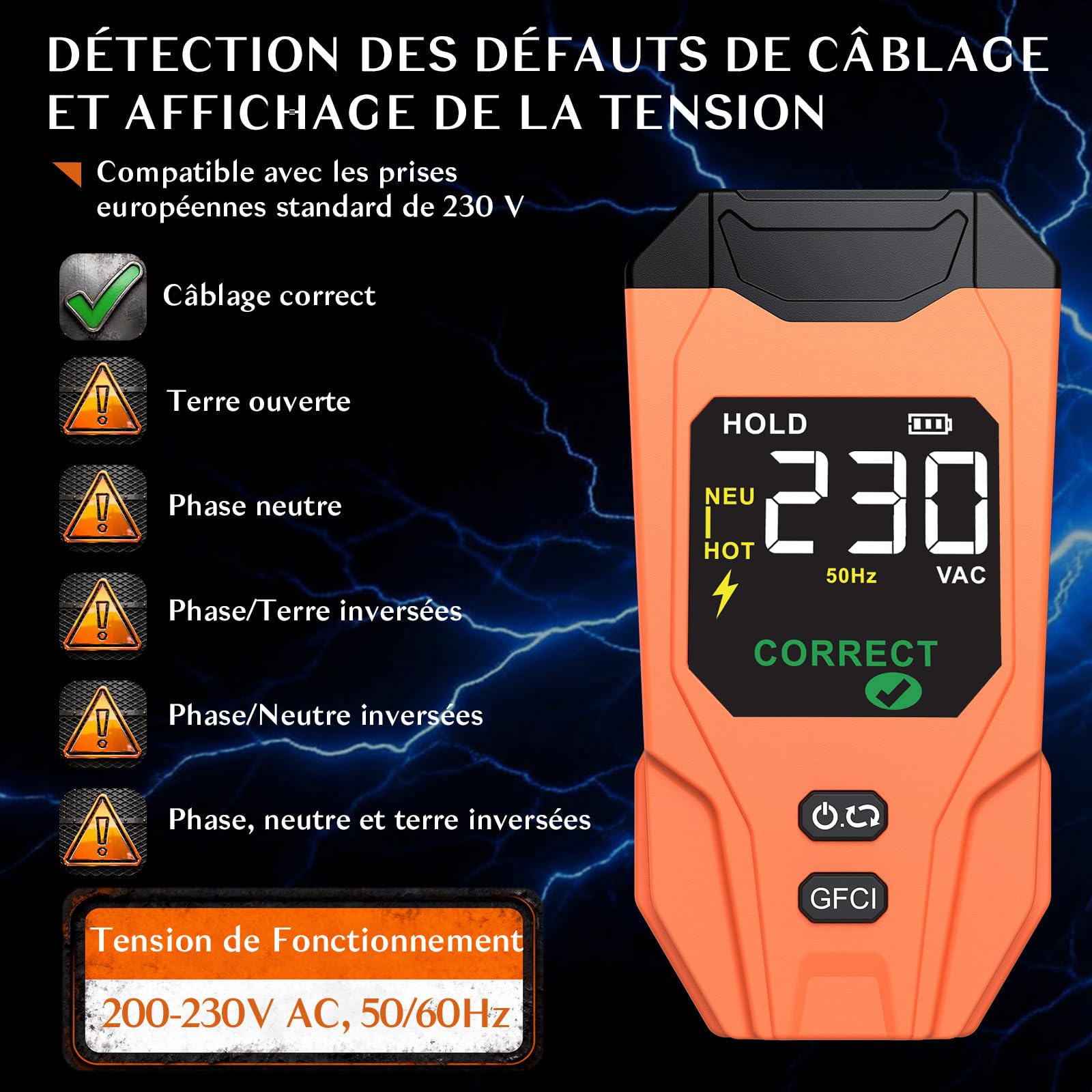 Localisateur de Disjoncteur avec Écran LCD, Testeur de Prise GFCI, Outil de Traçage de Circuits Électriques avec Détection NCV et Lampe Torch–Alimentation par Batterie Lithium(230V)