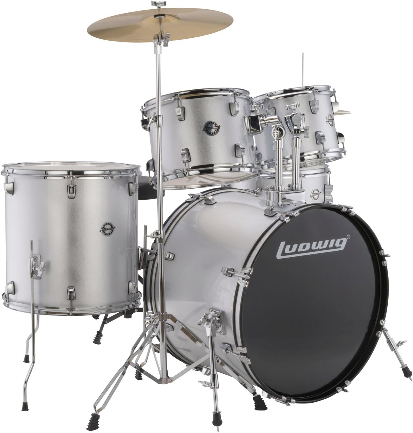Ludwig Accent Drive Series LC175 Complete Drum Package with Cymbals, Hardware, Drum Throne, Chain-drive Pedal and Sticks (Silver Foil)