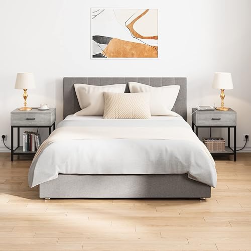 Vista 8 de Amyove Juego de 2 mesitas de noche grises con estación de carga, mesas auxiliares para sala de estar con cajón y estante, mesita de noche con puerto