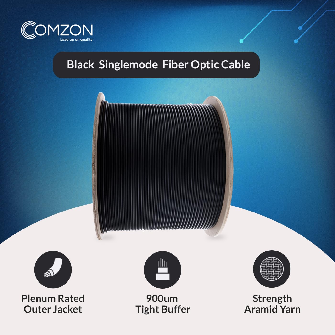COMZON 500ft Armored Plenum 12-Strand OS2 9/125 Singlemode Indoor/Outdoor Fiber Optic Cable, Corning Fiber, Black