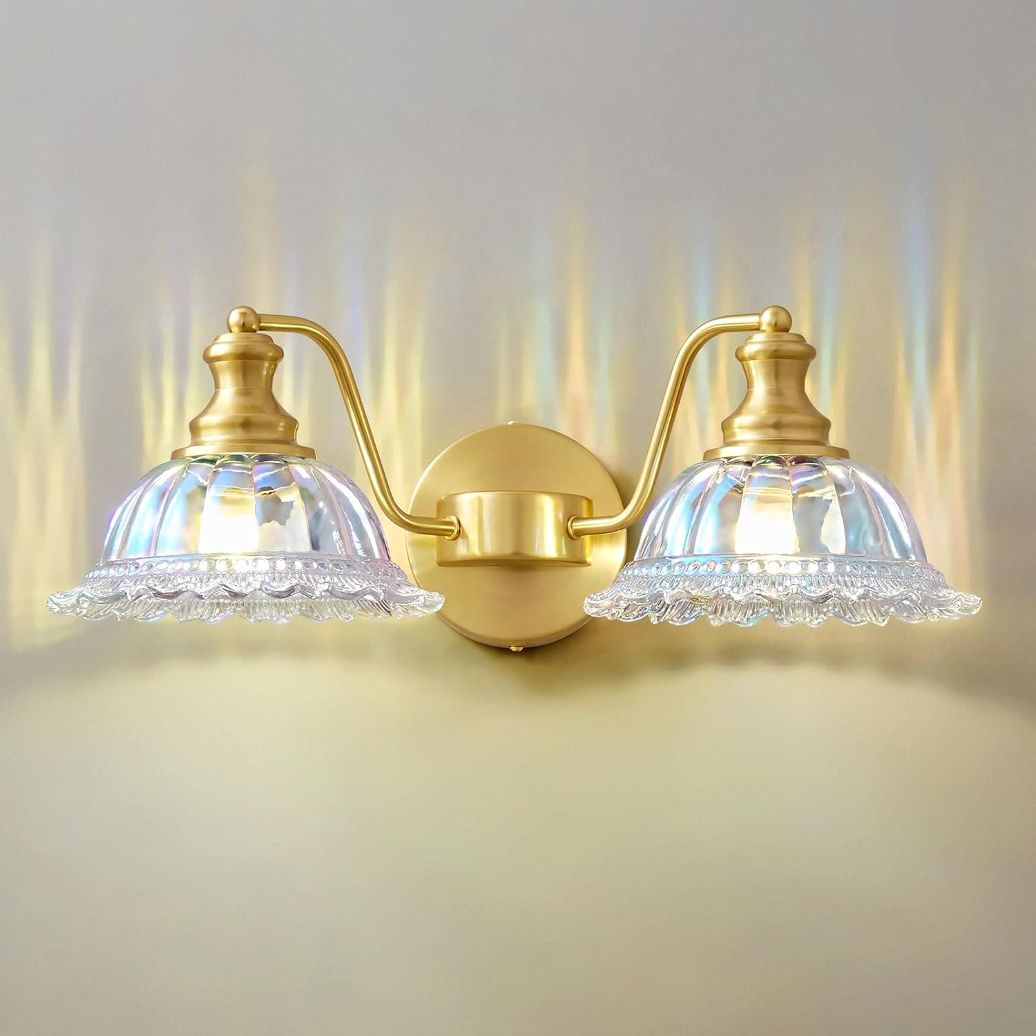 Vintage Bathroom Vanity Light Fixtures - 2 Light Iridescent Glass Art Deco Bathroom Lights Over Mirror,Brushed Gold Restroom Lighting, Mid Century Coastal Vanity Lights for Powder Room Bath Sink