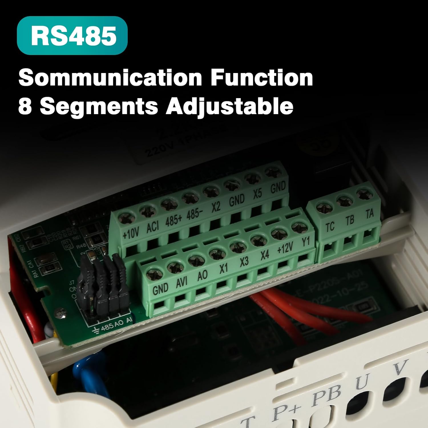 Close-up of the RS485 communication terminals on the frequency converter