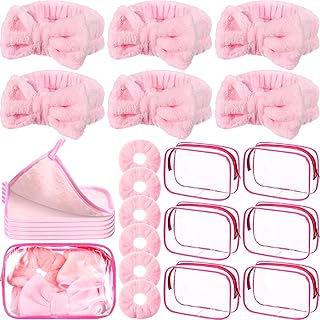 Mimorou 24 Pieces Sleepover Party Supplies Spa Party Favors 6 Spa Headband 6 Velvet Scrunchies 6 Makeup Remover Cloth 6 Clear Cosmetic Bags for Slumber Gift(Pink)