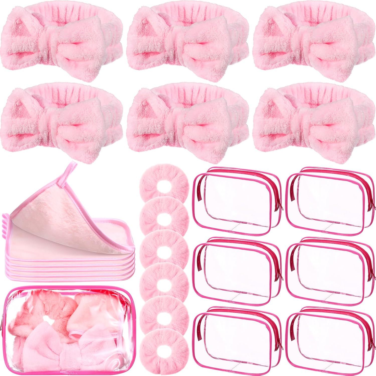 Mimorou 24 Pieces Sleepover Party Supplies for Women Spa Party Favors 6 Spa Headband 6 Velvet Scrunchies 6 Makeup Remover Cloth 6 Clear Cosmetic Bags for Mother Day Slumber Wedding Birthday (Blue)