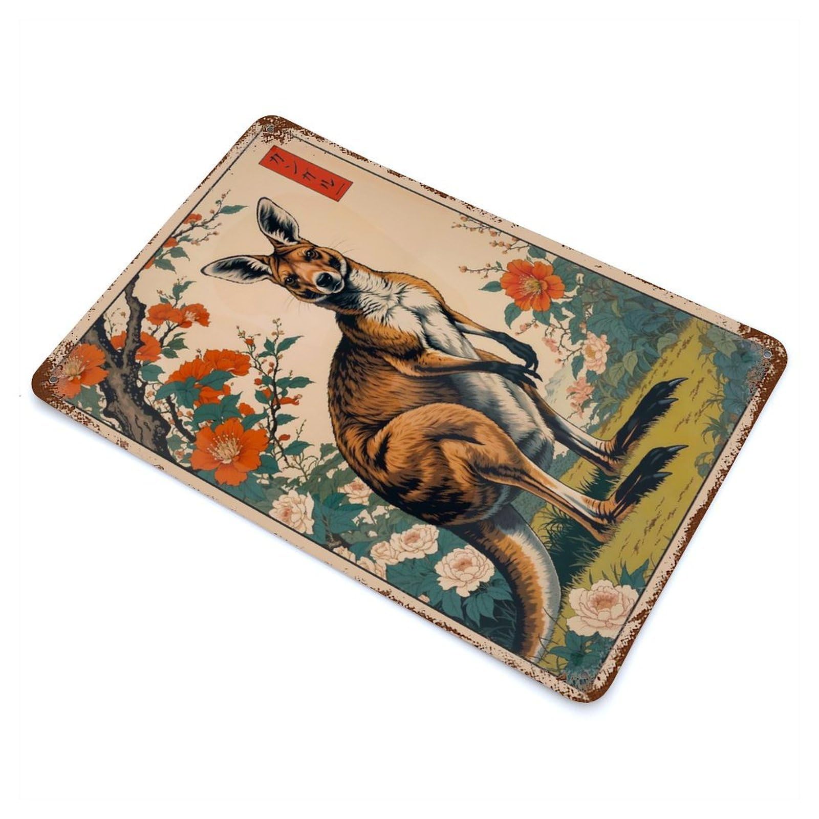 Kangaroo Japanese Art Rustic Tin Plaque 11.8"x7.9", for Shed, Workshop And Garage Wall Decor, Farmhouse Wall Decor