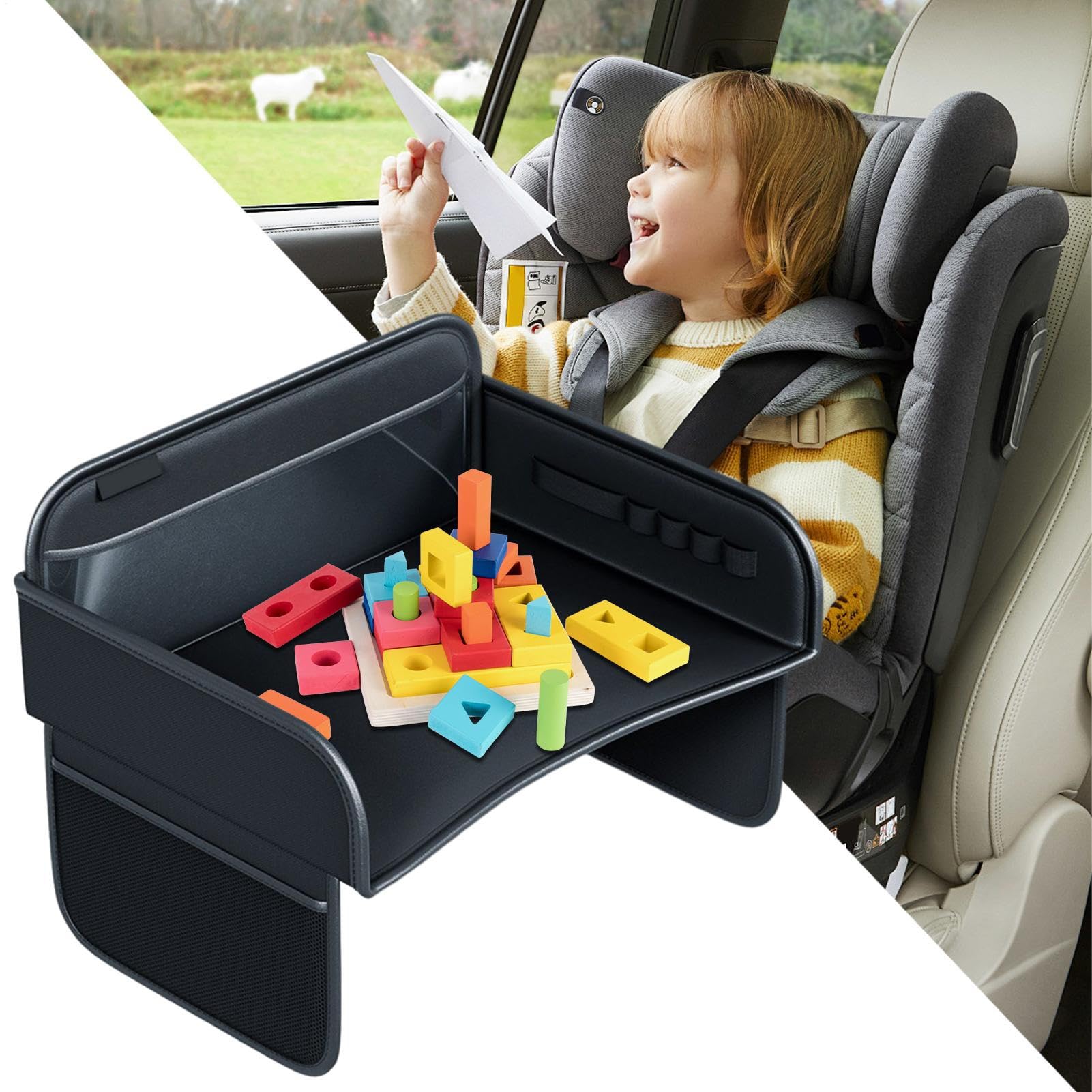 Kids Travel Tray, PU Leather Car Seat Tray, Desk Organizer Lap Table Stand Holder for Tablet, Laptop, Cup, Snack, Airplane, Bed, Carseat, Home