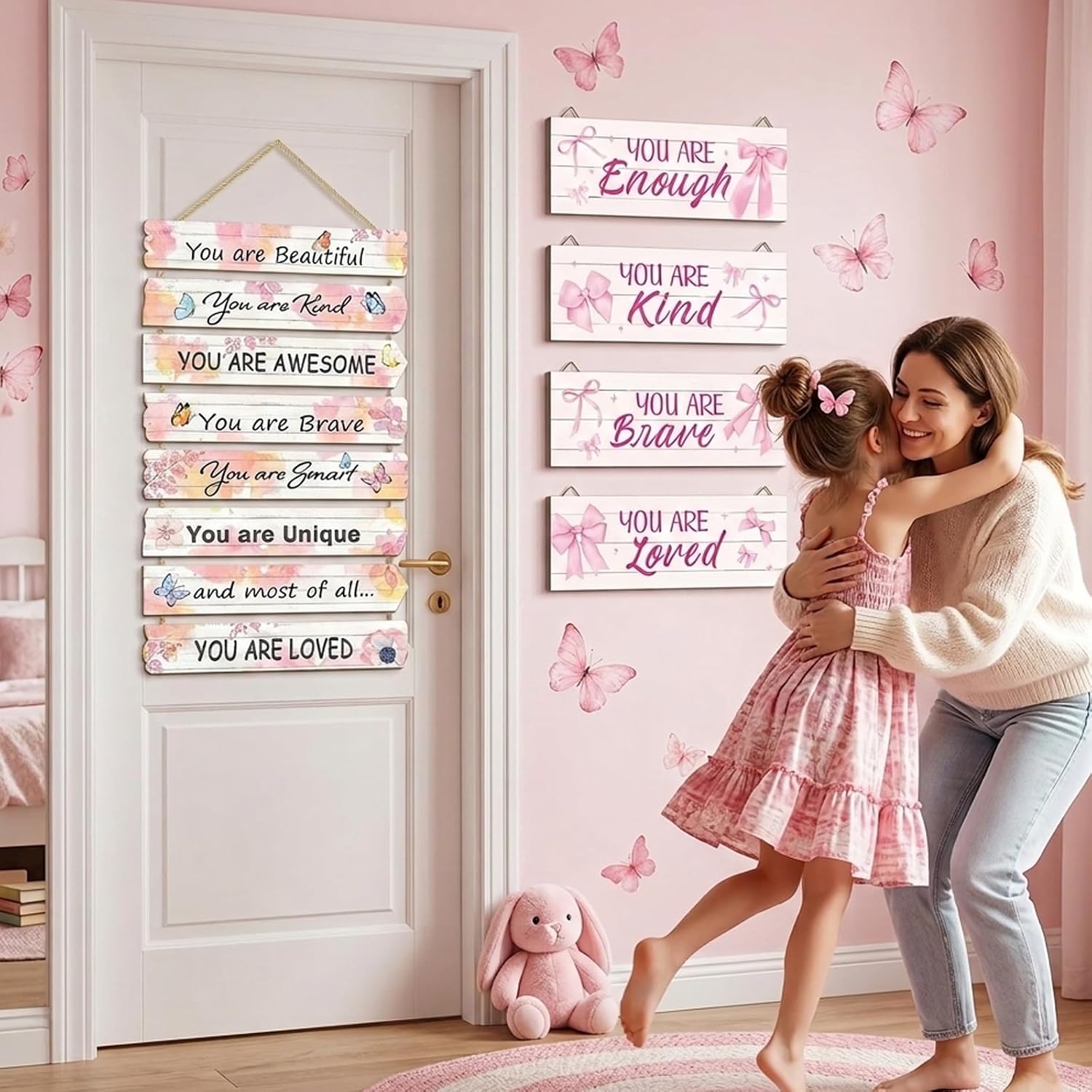 5 Pcs Pink Wall Decor Inspirational Girls Bedroom,Positive Affirmations Wall Art Decor,Coquette Aesthetic Room Decor,Inspirational Wooden Hanging Signs for Nursery,Playroom & Bathroom Decor