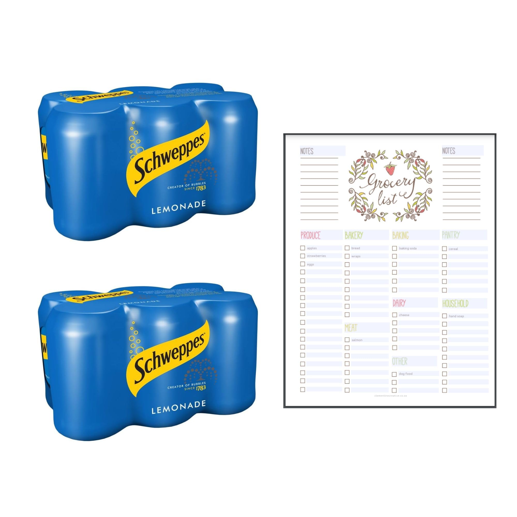 Lemonade Cans Bundle which Contains Schweppes Lemonade 12 x 330ml - Pack of 12 with Grocery List Card