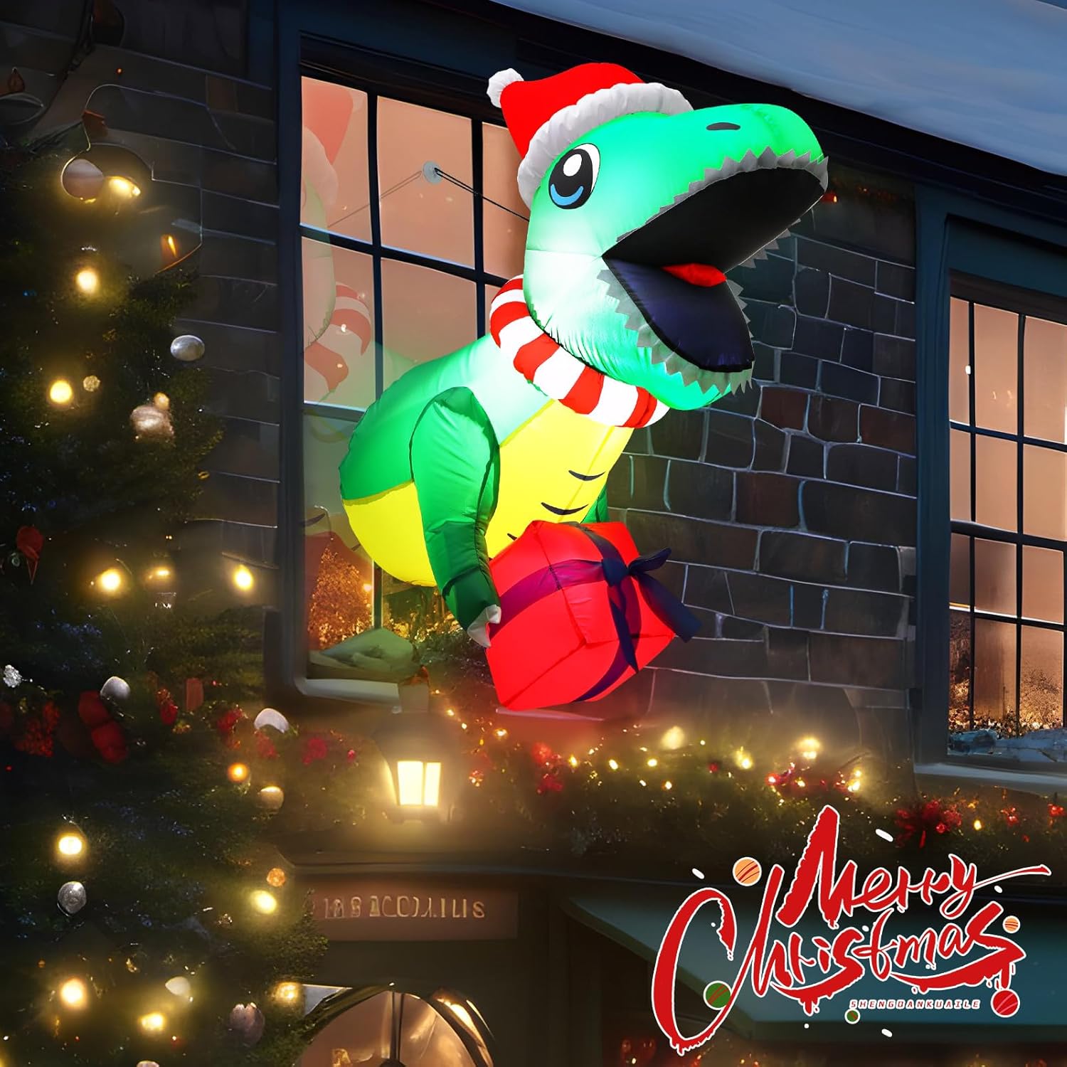 HyDren 3.5 ft Christmas Inflatable Dinosaur Broke Out from Window Dinosaur Blow up Christmas Window Decorations Xmas Dino with Gift Box Built in LED Lights for Party Indoor Outdoor Yard