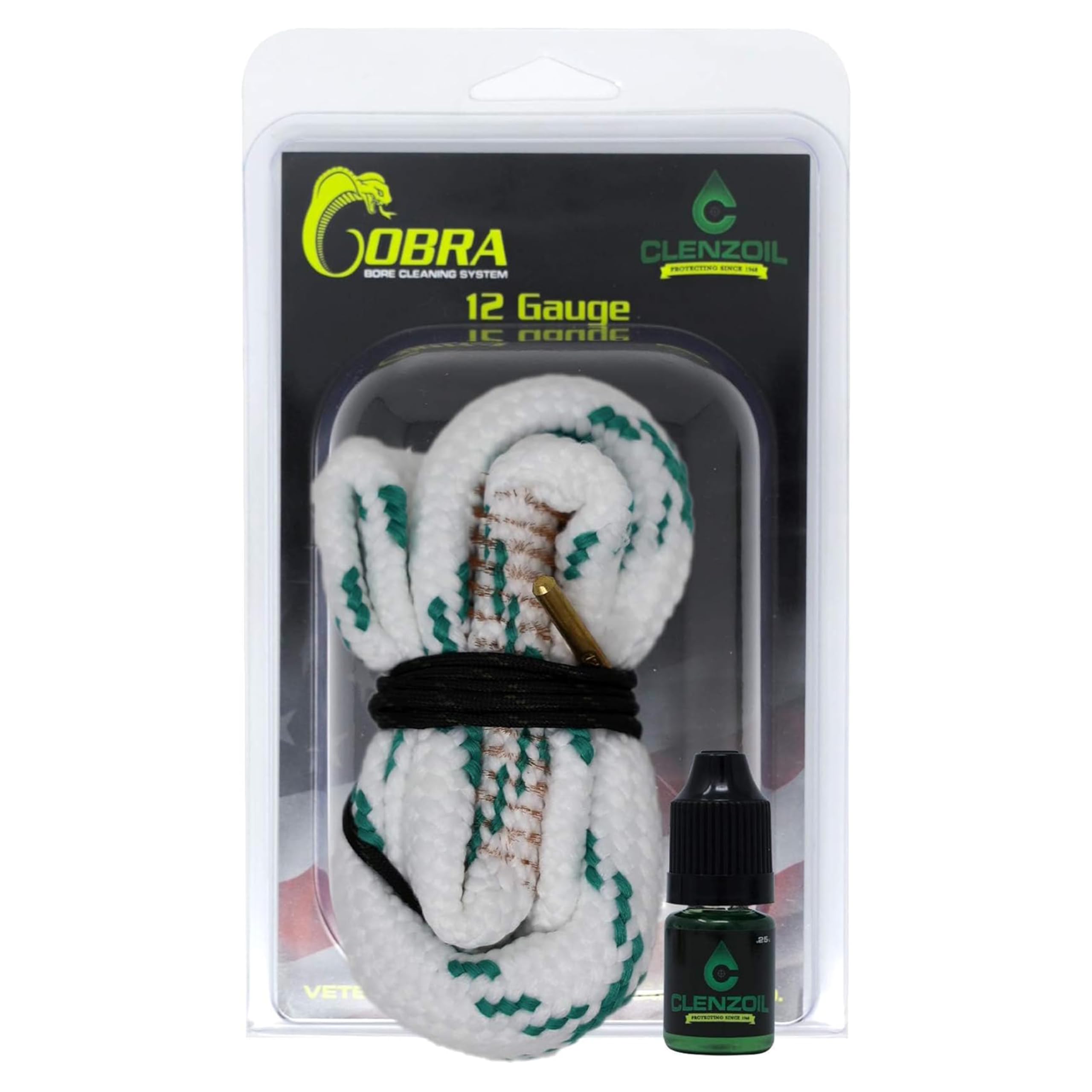 Clenzoil Cobra Bore Cleaning System - Efficient, Easy Gun Cleaning Kit - Includes CLP Gun Bore Cleaner - with Integrated Brass Bore Brush - Woven Cotton Rope - for 12 Gauge Shotguns