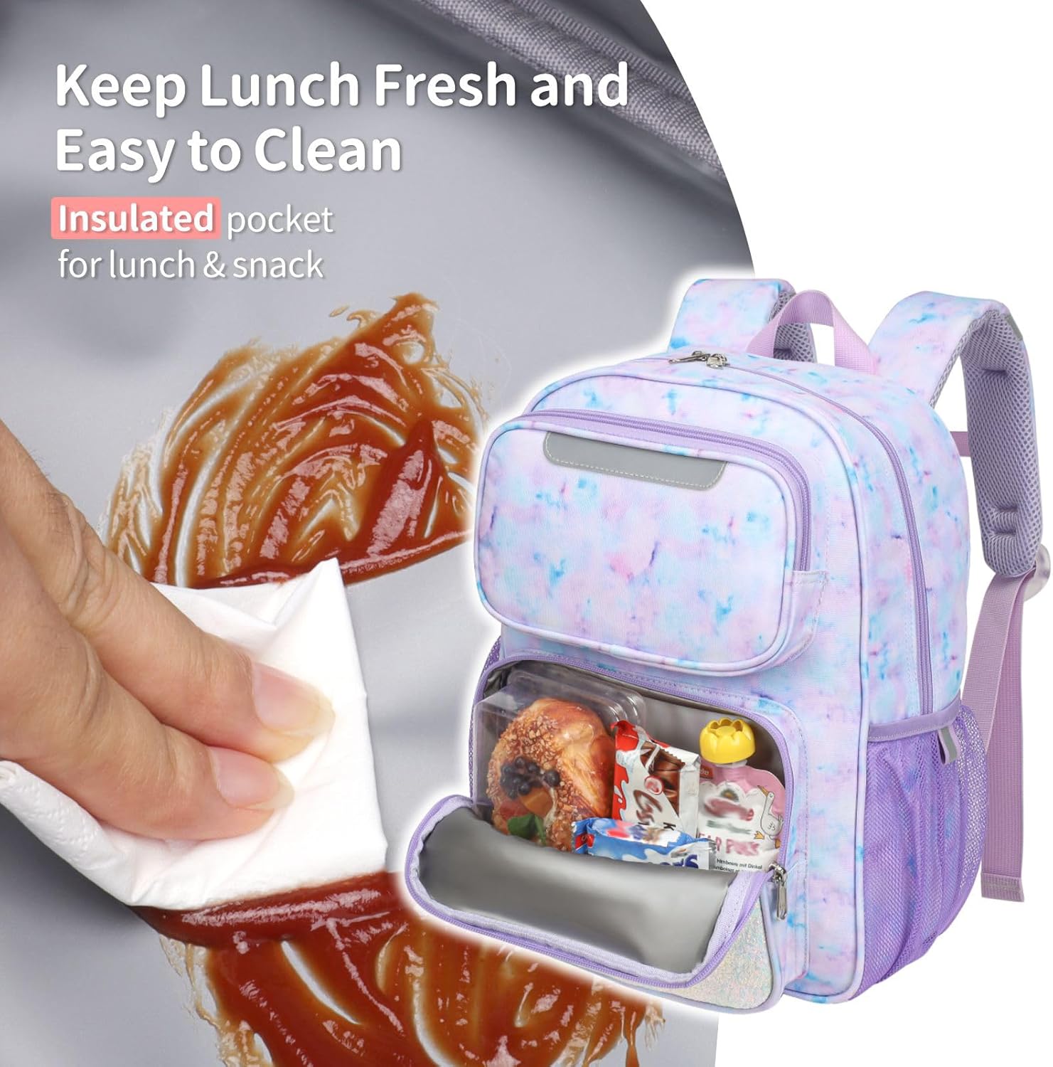 Kids Backpack for Girls Kindergarten - 15 Inch Lightweight School Bookbag fits Folder, Backpack for Kids 4-7 with Chest Strap & Insulated Pocket, Purple Tie-dye - Image 3