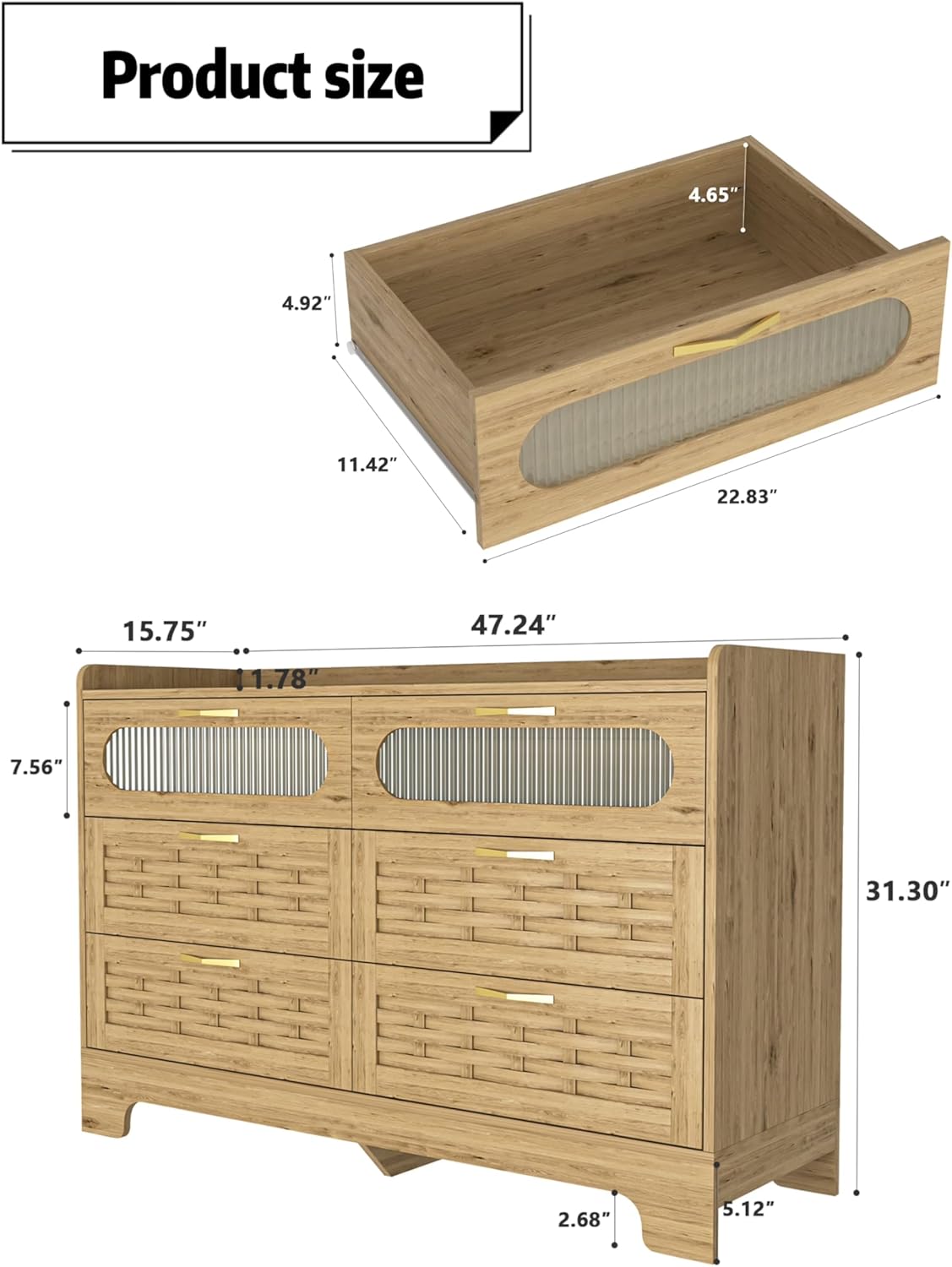 6 Drawers Dresser Bedroom, Rattan Farmhouse Wood Dresser, Chest of Drawers Bedroom Organizer,Dresser TV Stand Living Room