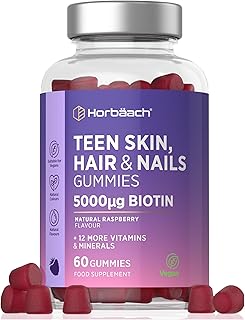 Hair Skin Nail Gummies for Teens | 60 Count | Raspberry Flavour | 5000ug of Biotin for Hair Growth | with Folic Acid, Inositol, Choline & More | Suitable for Vegans | by Horbaach
