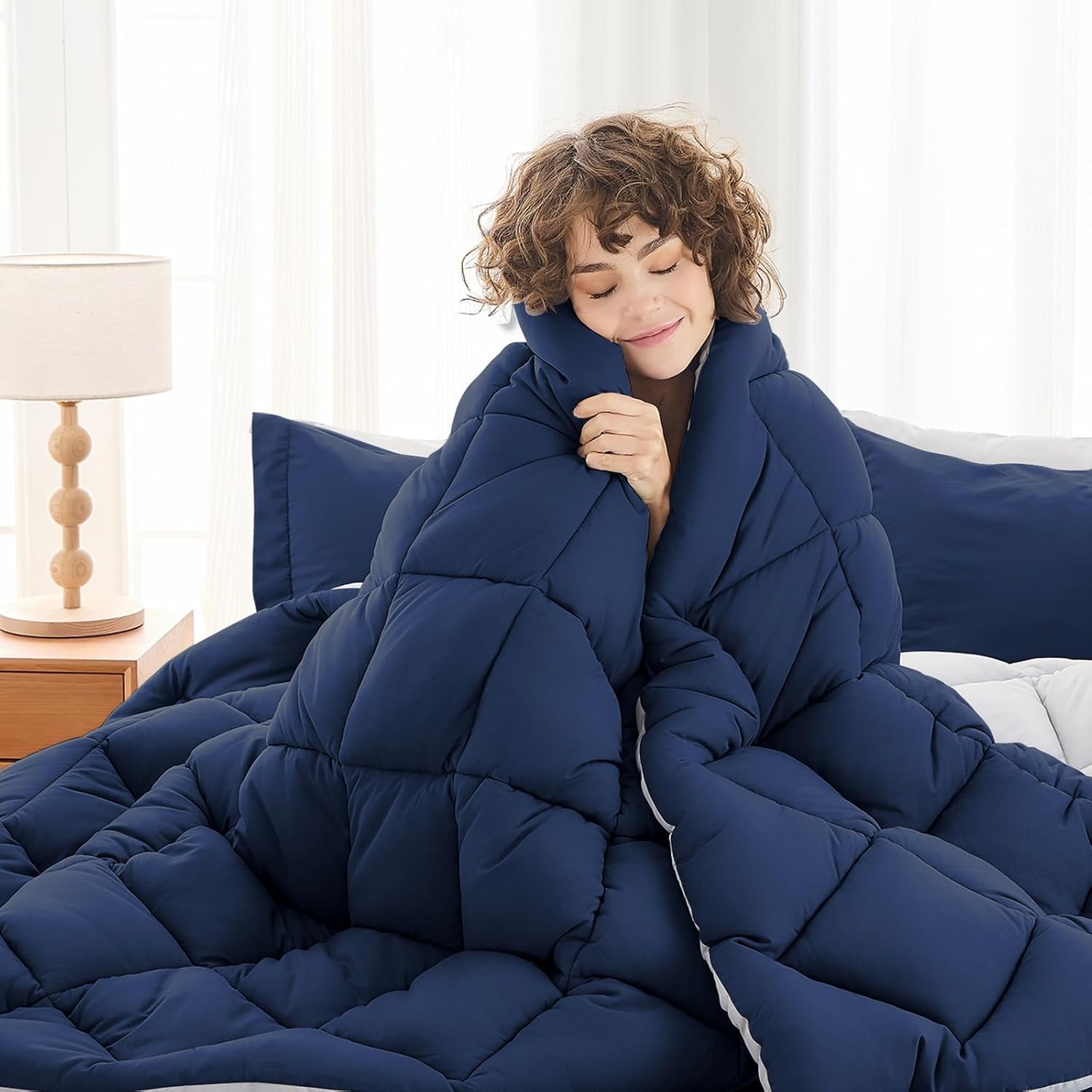 MUXHOMO 7 Pieces California King Comforter Set, Reversible Bed in a Bag Cal King Size, All Season Bedding Set with Comforter, Flat Sheet, Fitted Sheet, Pillowcases & Shams, Navy & Light Grey - Image 2