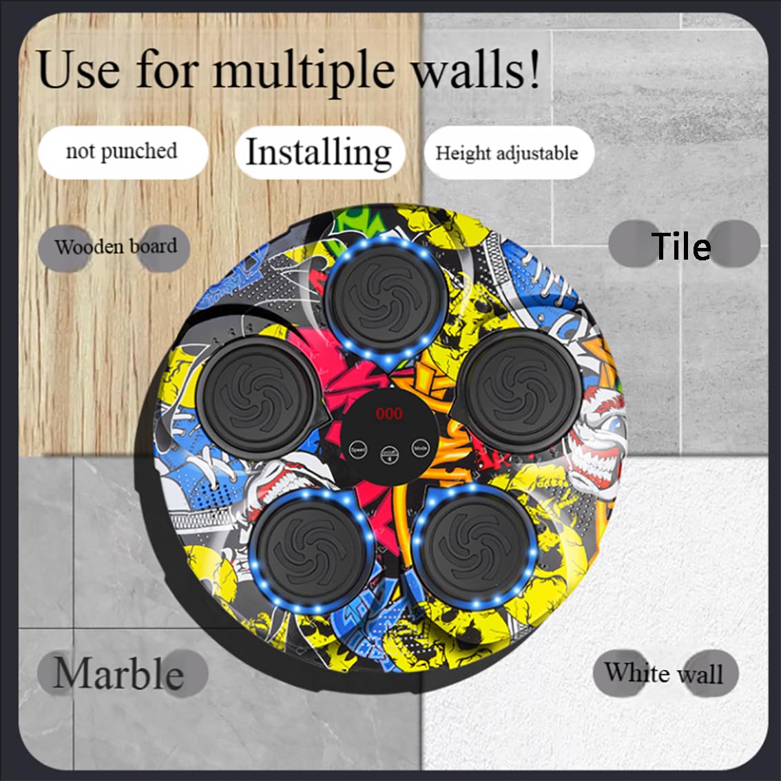 Máquina de boxeo con música de camuflaje inteligente, equipo de boxeo, objetivo musical electrónico para ejercicios montado en la pared, 9 modos de entrenamiento, 9 velocidades ajustables, para niño